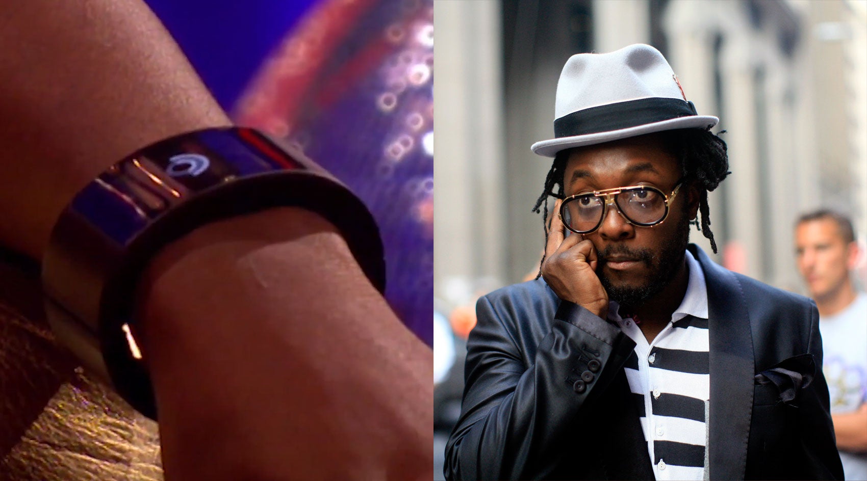 Will.i.am's smartwatch (left) and Will.i.am using a boring old hand mounted boring-phone (right).