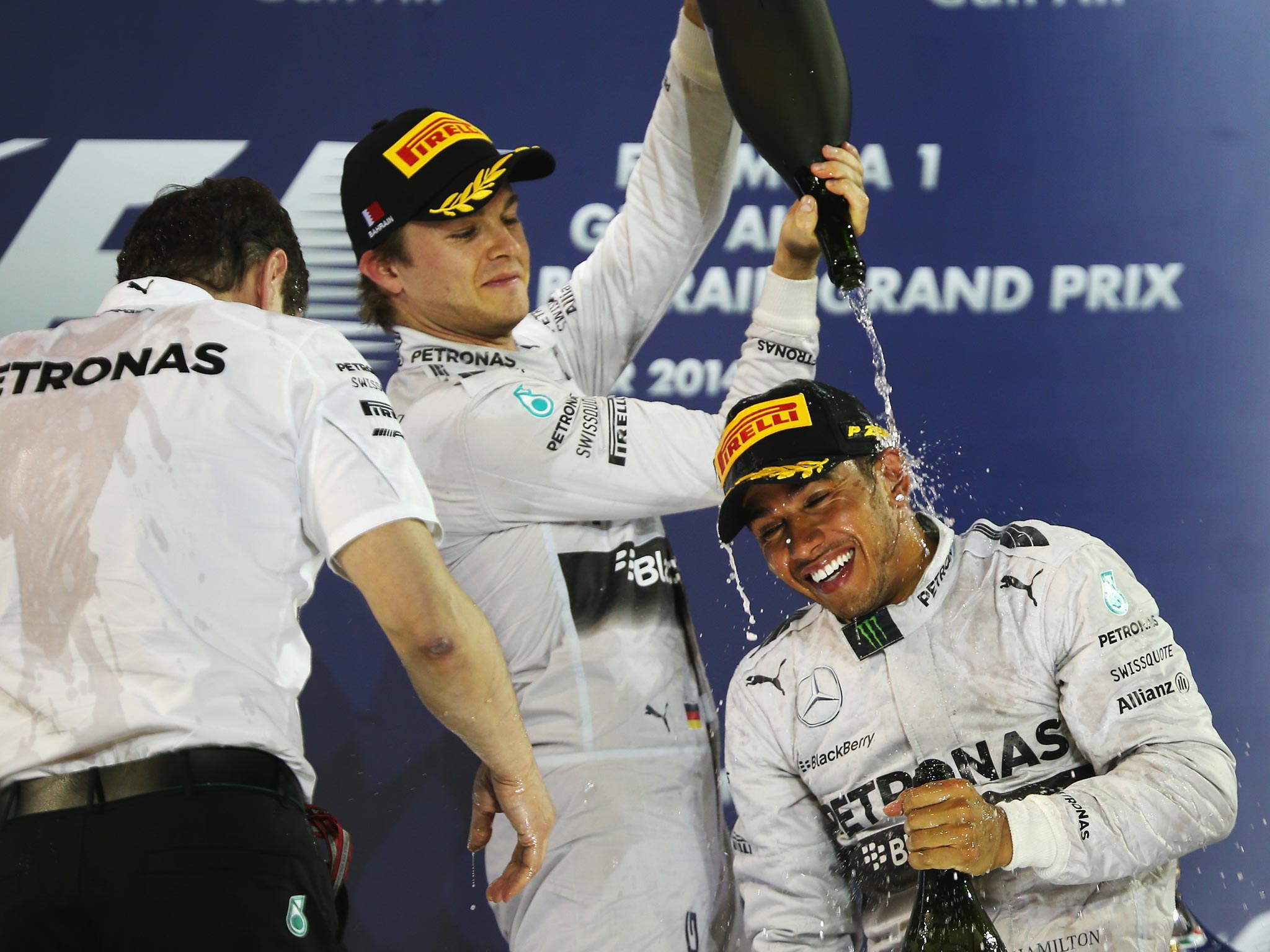 Lewis Hamilton and Nico Rosberg celebrate another Mercedes one-two in Bahrain