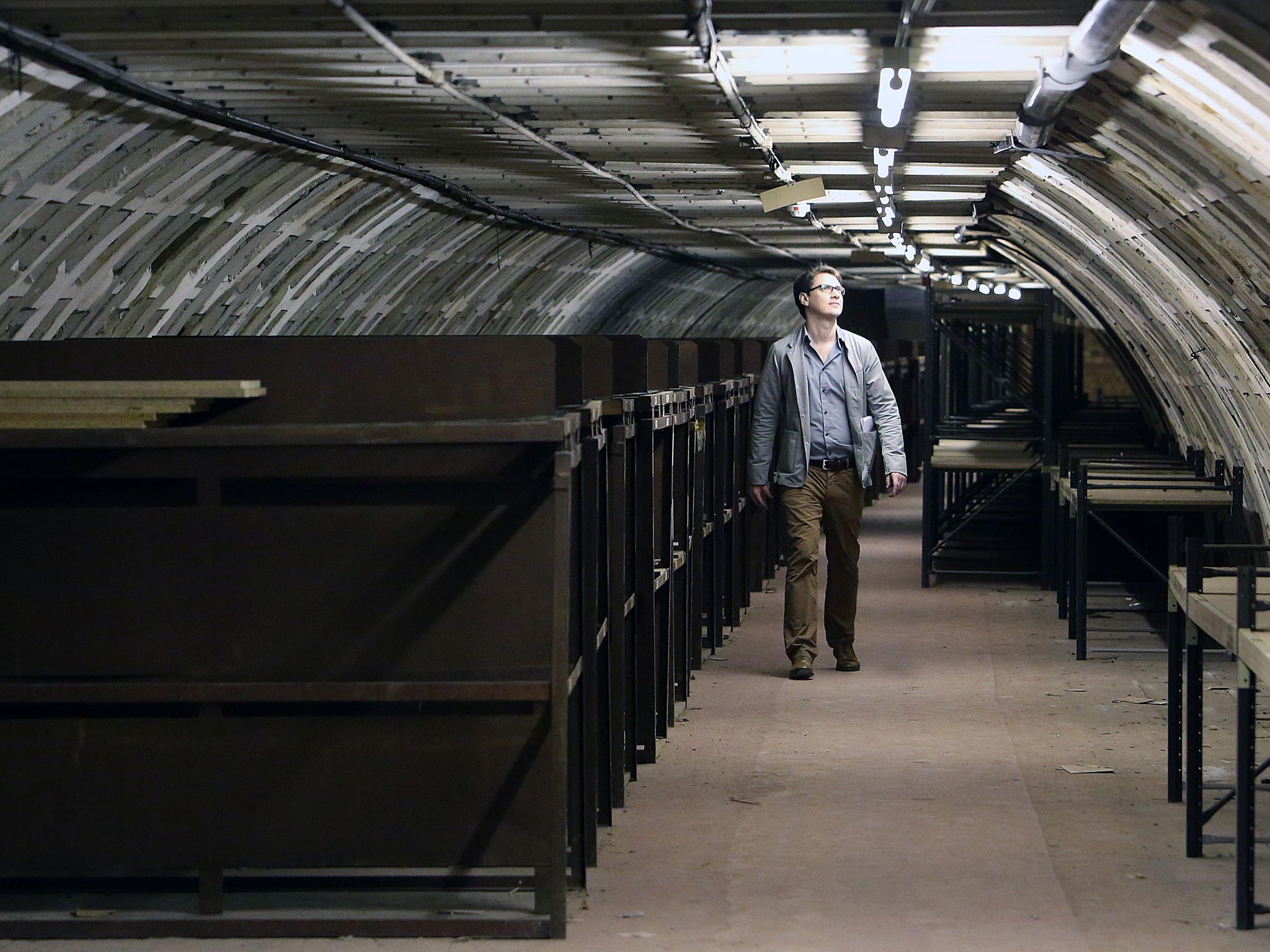 The Independent's Jamie Merrill examines the World War II bunk beds in a deep level WWII air raid shelter beneath Clapham Common Underground Station