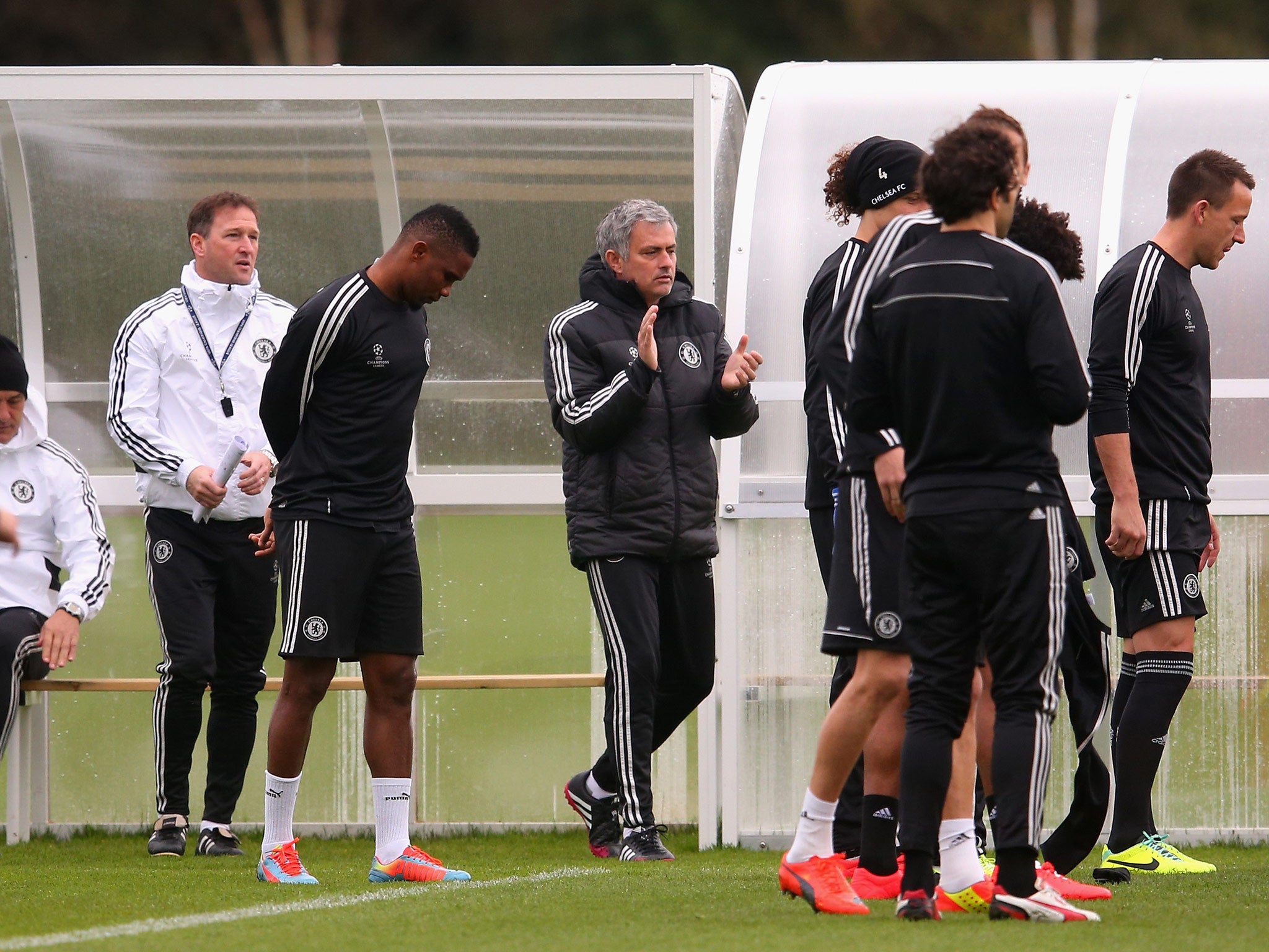 Jose Mourinho takes training with the Chelsea team ahead of their Champions League game against PSG