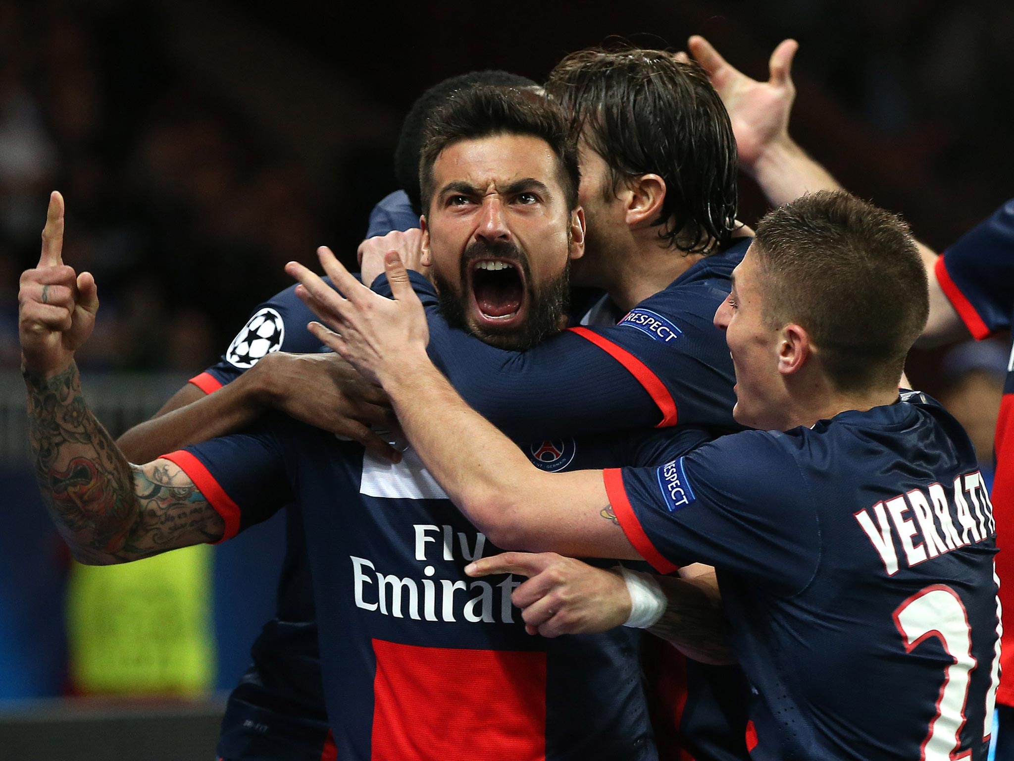 Ezequiel Lavezzi celebrates after opening the scoring for Paris
Saint-Germain in the first leg against Chelsea