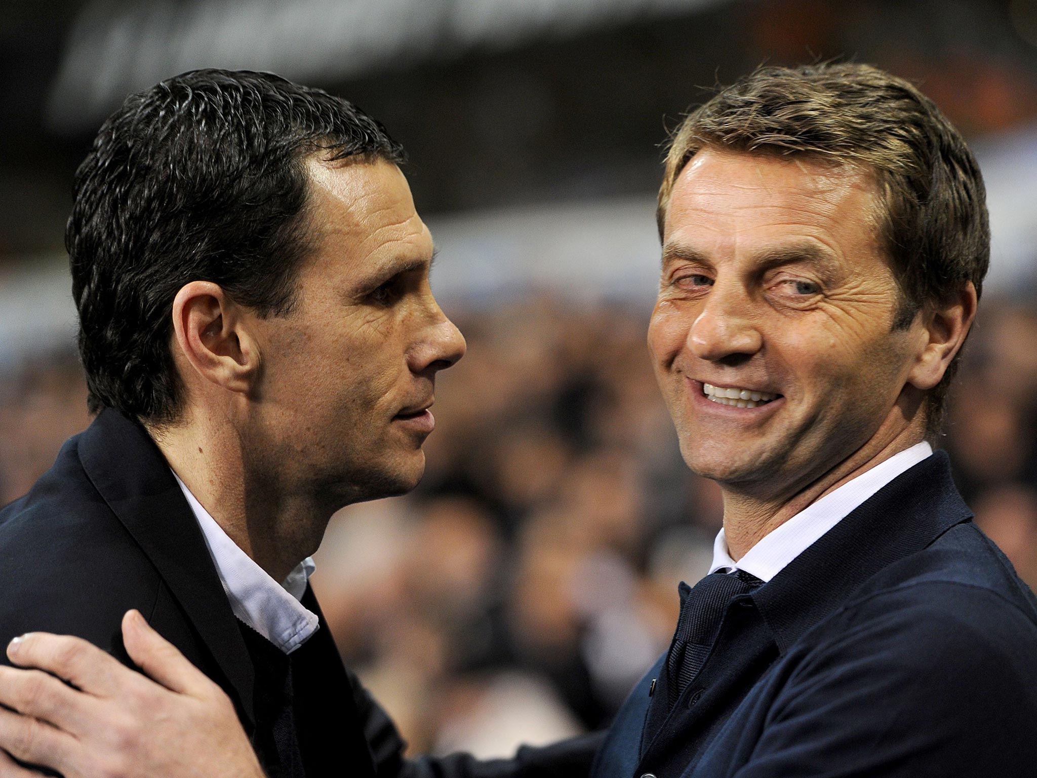 Tim Sherwood (right) greets Sunderland manager Gus Poyet before Tottenham’s 5-1 win last season