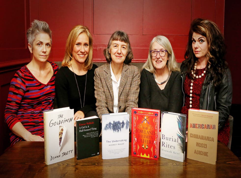 Baileys Women's Prize for Fiction judges (left - right) Denise Mina, Sophie Raworth, Helen Fraser (Chair), Mary Beard and Caitlin Moran with the six shortlisted books