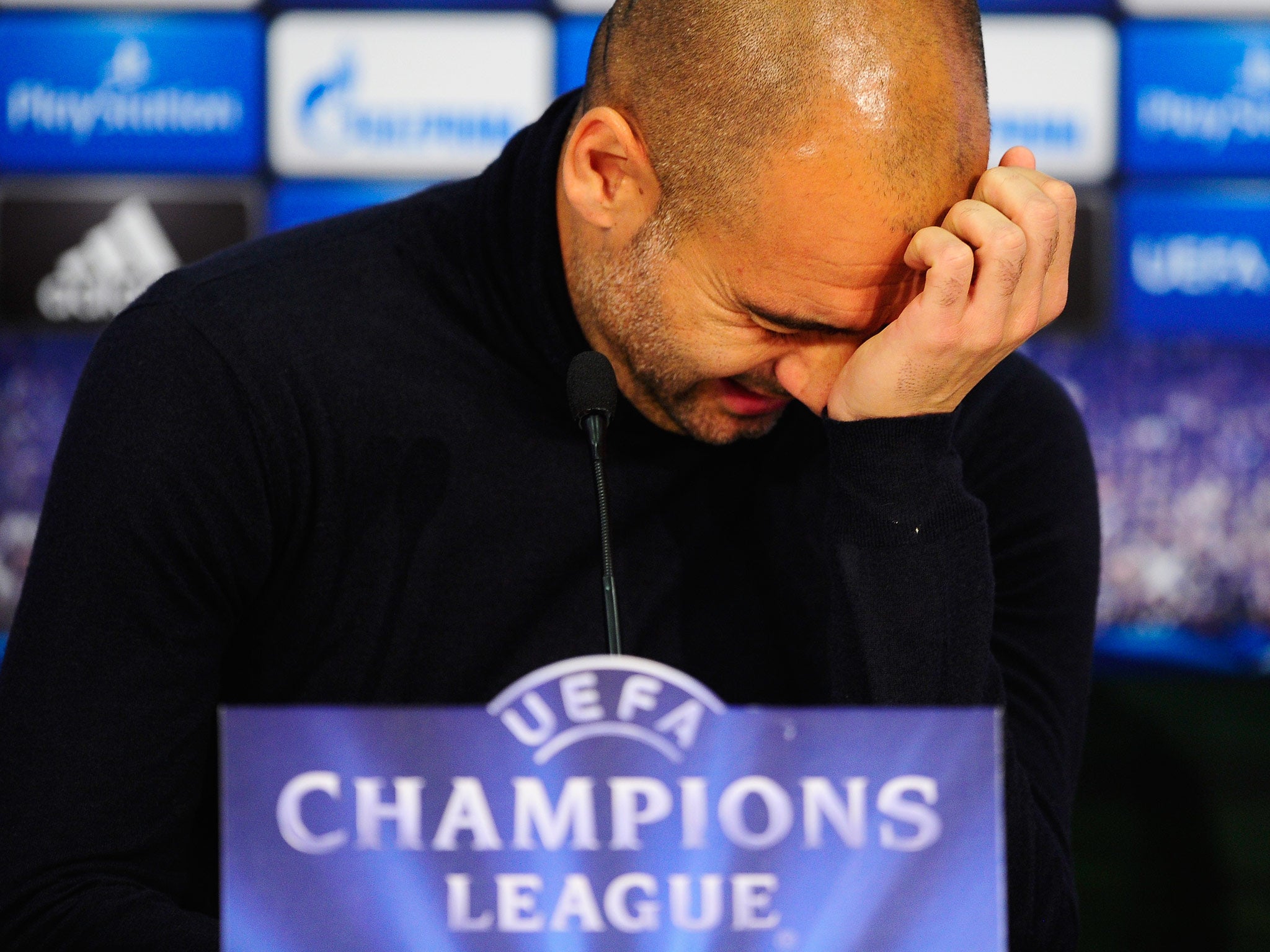 Pep Guardiola talks to the media ahead of Bayern Munich's match with Manchester United
