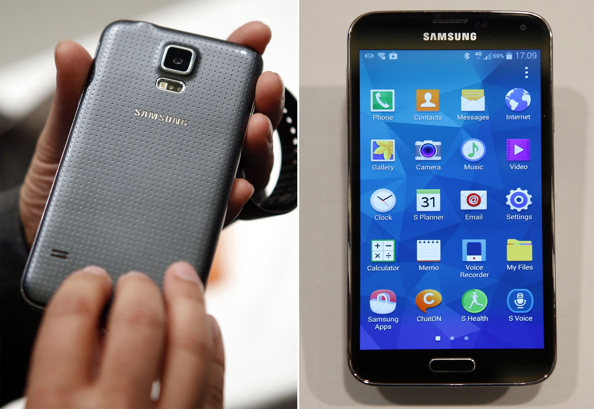 The Samsung S5 comes with a new, imitation-leather back - but it's business as usual for the user interface.