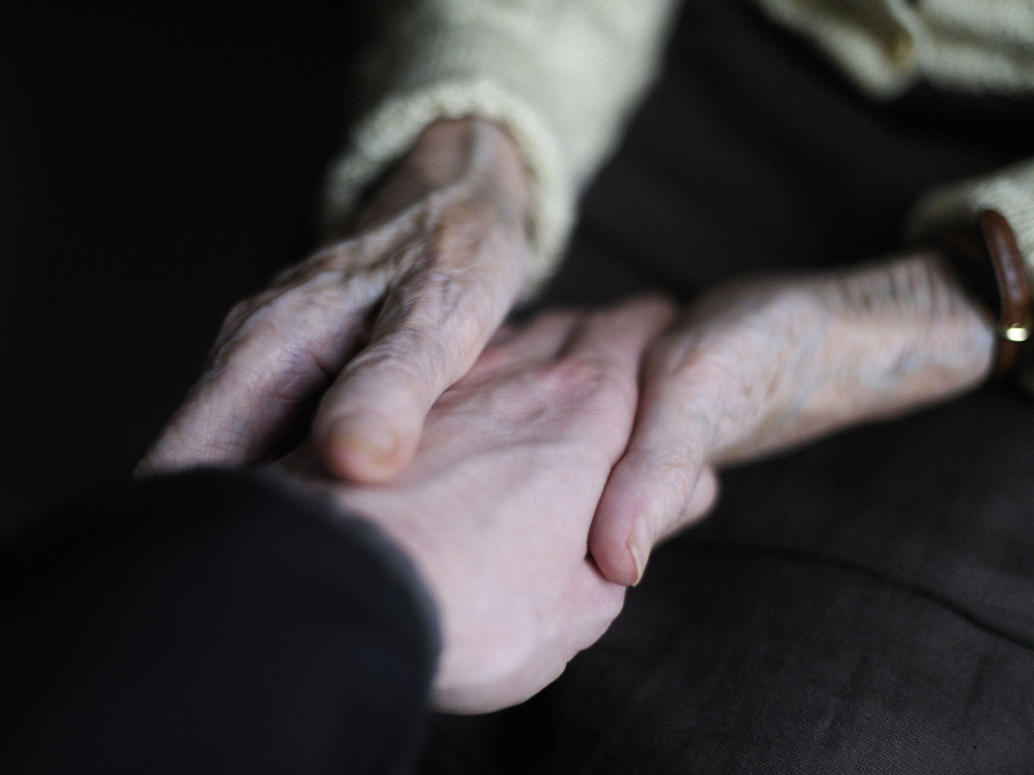 A woman, suffering from Alzheimer's desease, holds the hand of a relative on March 18, 2011 in a retirement house in Angervilliers, eastern France.