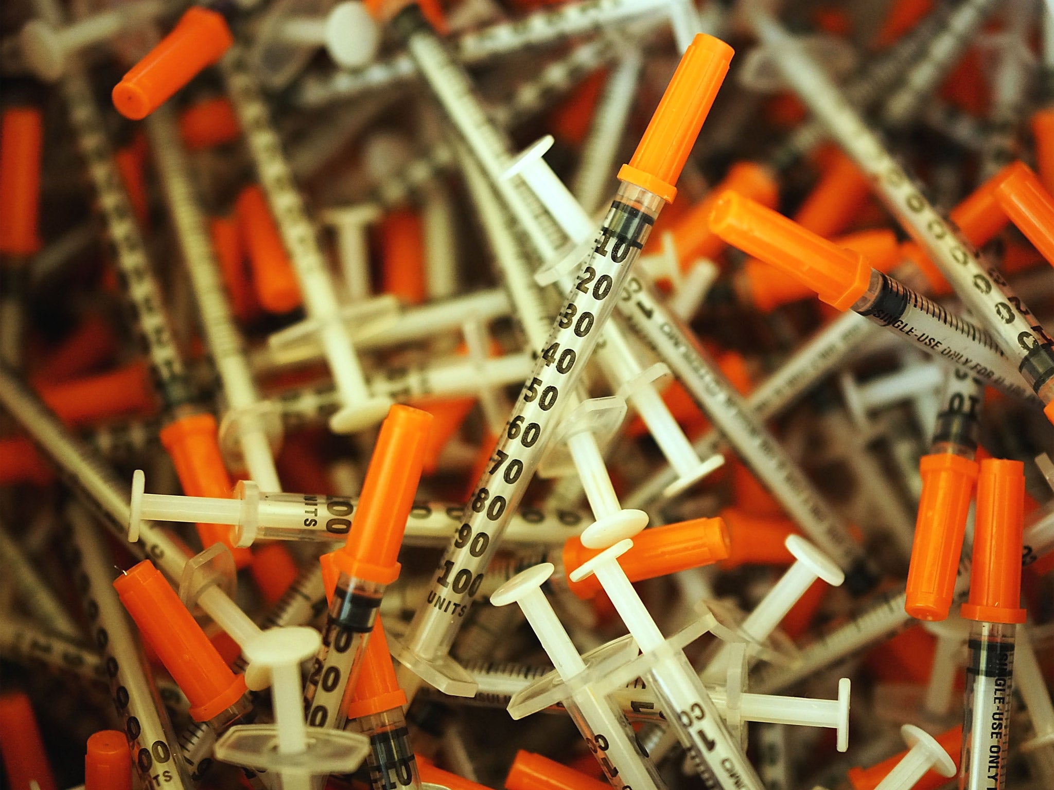 Discarded syringes at a needle exchange clinic