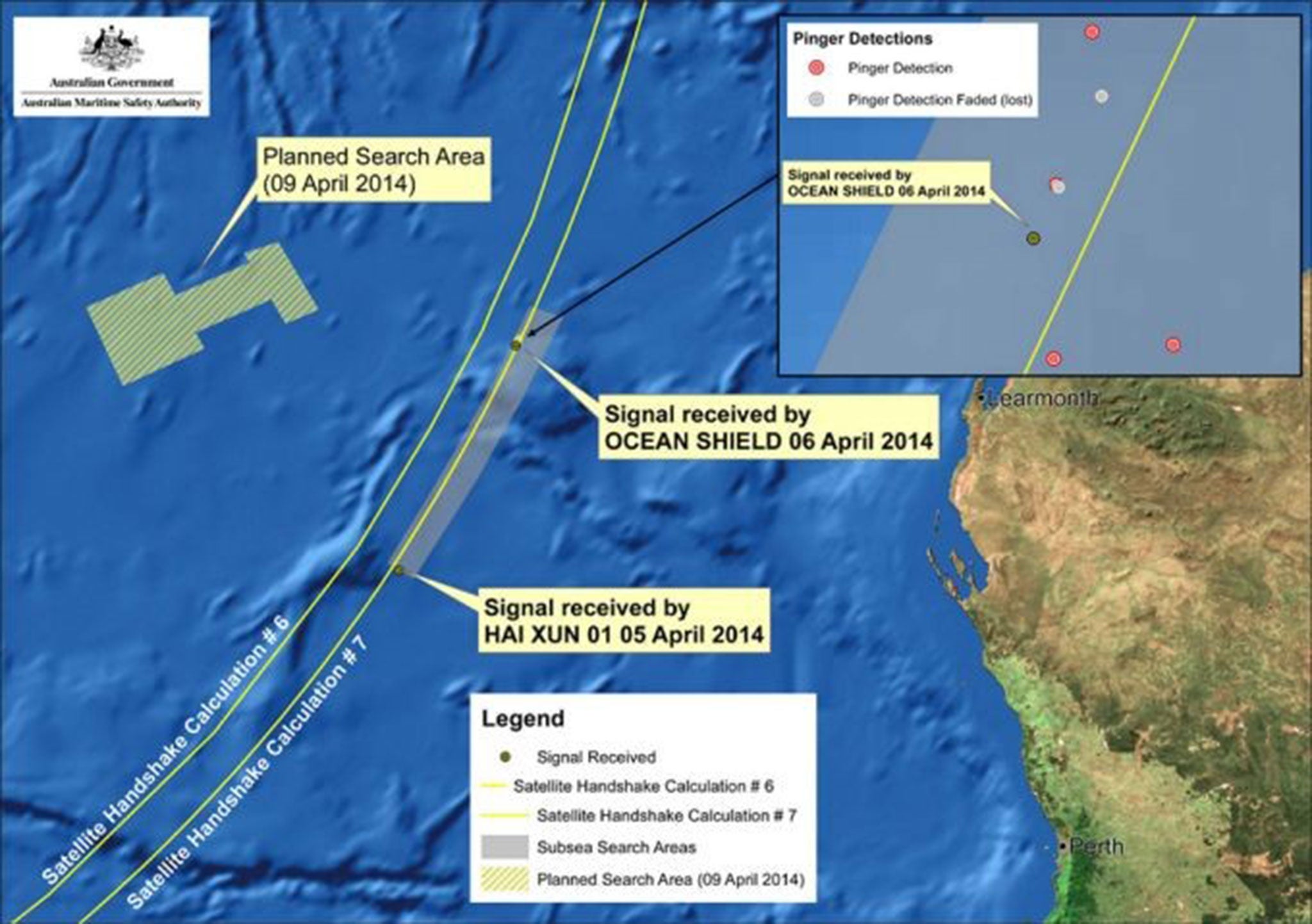 Graphic showing the location of the two sets of signals and planned search area off the west coast of Australia