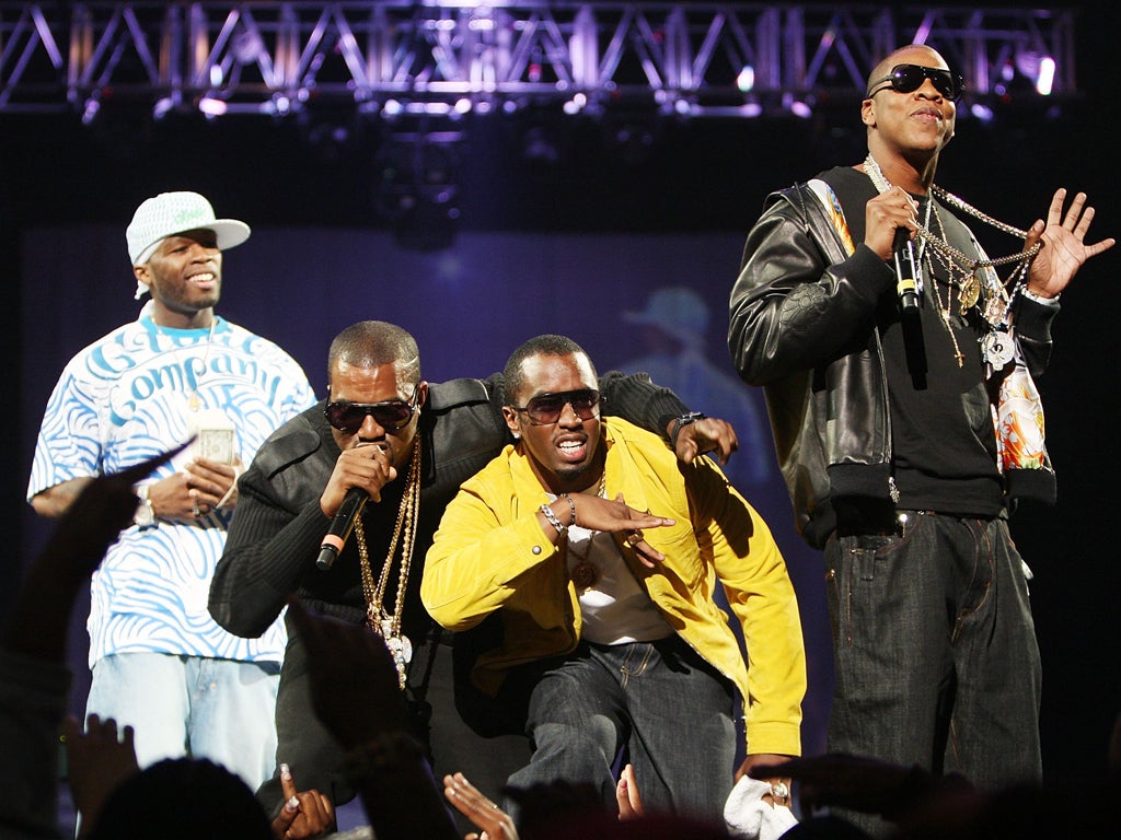 Rappers 50 Cent, Kanye West, P. Diddy, and Jay Z perform onstage during Screamfest '07 at Madison Square Garden on August 22, 2007 in New York City.