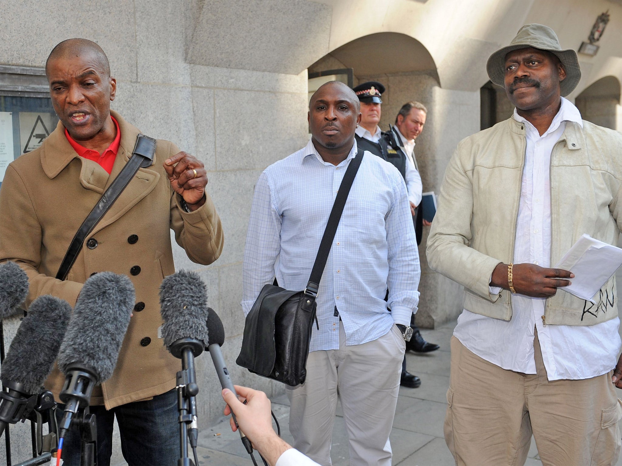 Community leader Stafford Scott outside court with Mark Braithewaite and Winston Silcott, two of the ‘Tottenham Three’