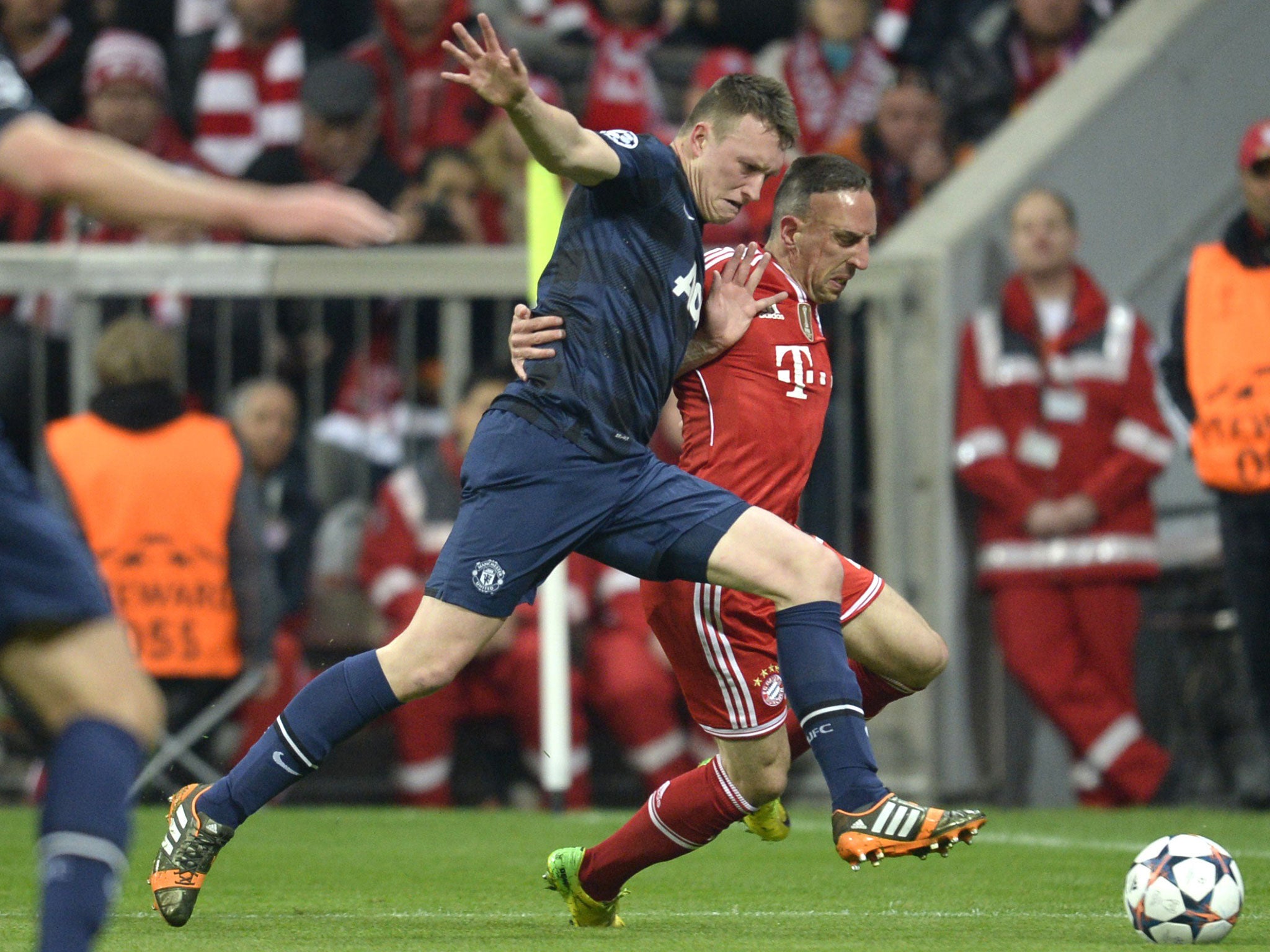 Phil Jones in action against Bayern