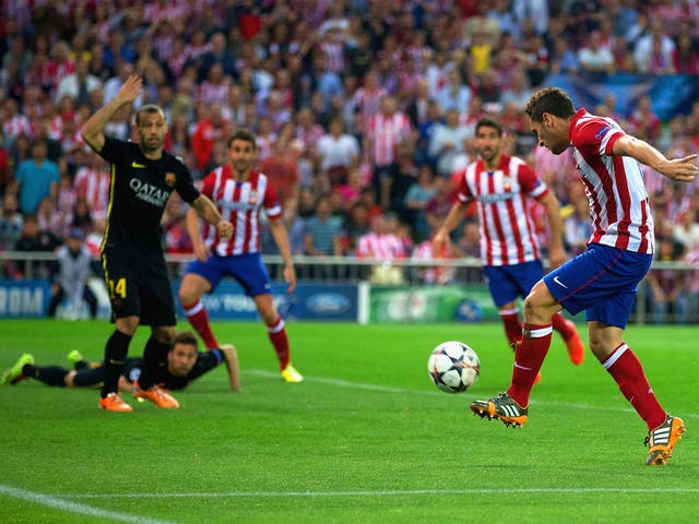 Koke arrives at the far post to score for Atletico Madrid