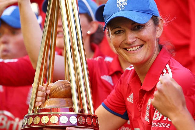 Charlotte Edwards with the Women’s Ashes trophy in February