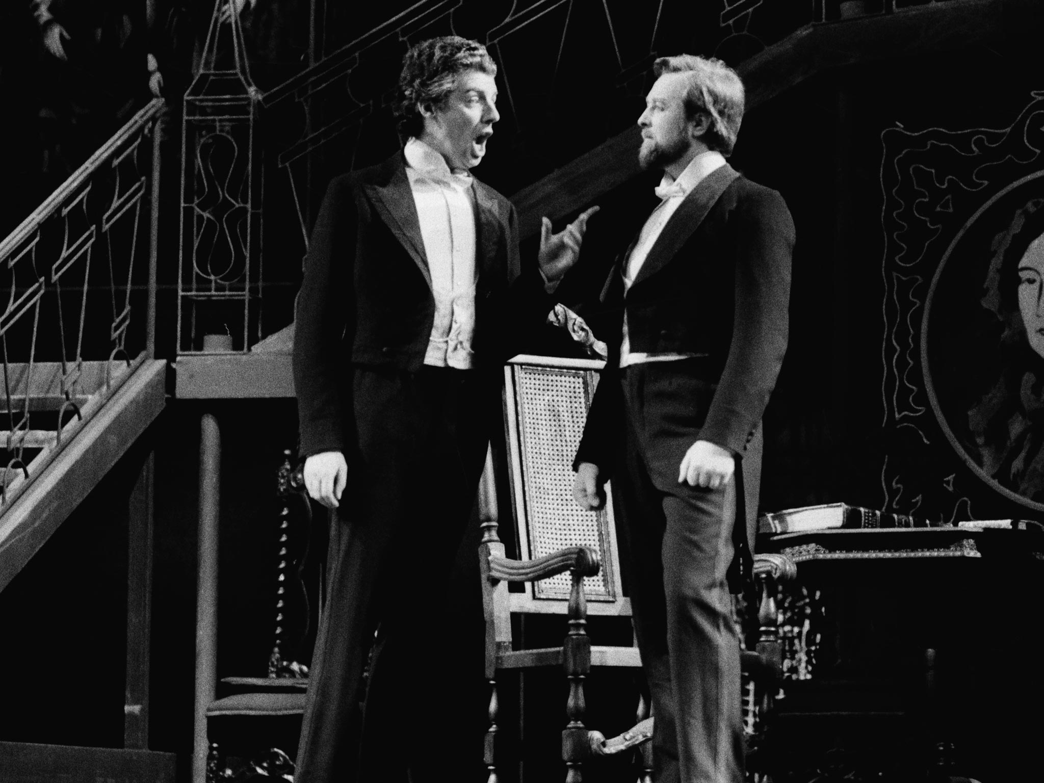 John Shirley-Quirk (left) with Benjamin Luxon in a rehearsal for the stage premiere of Benjamin Britten's opera 'Owen Wingrave' at the Royal Opera House in 1973