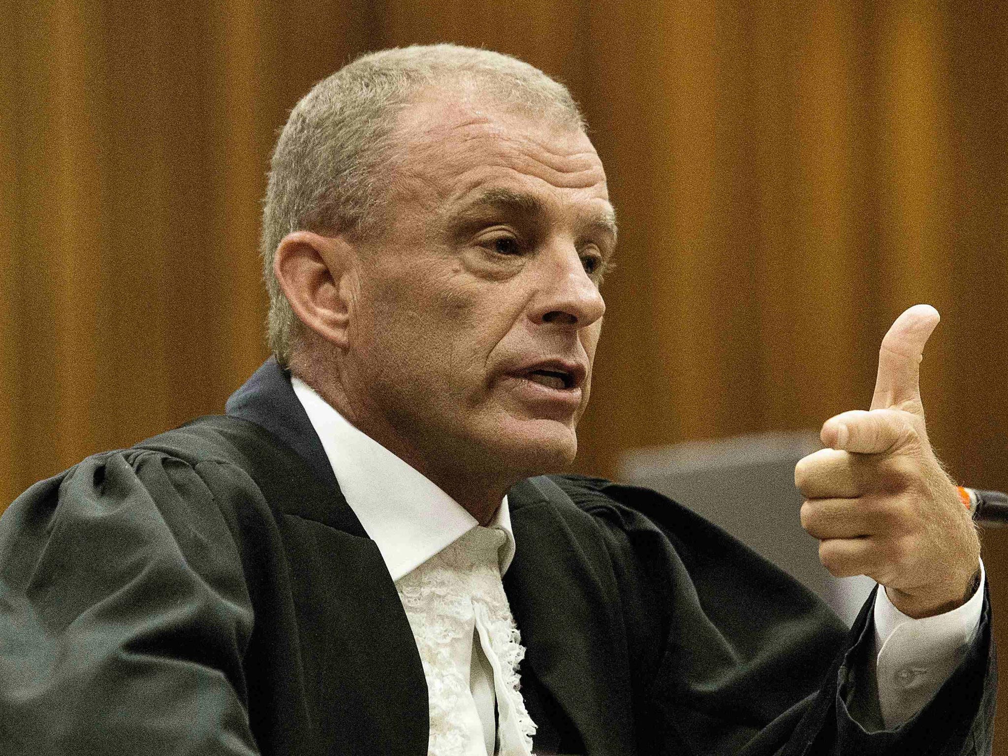 The state prosecutor Gerrie Nel cross examines the athlete Oscar
Pistorius at the High Court in Pretoria yesterday