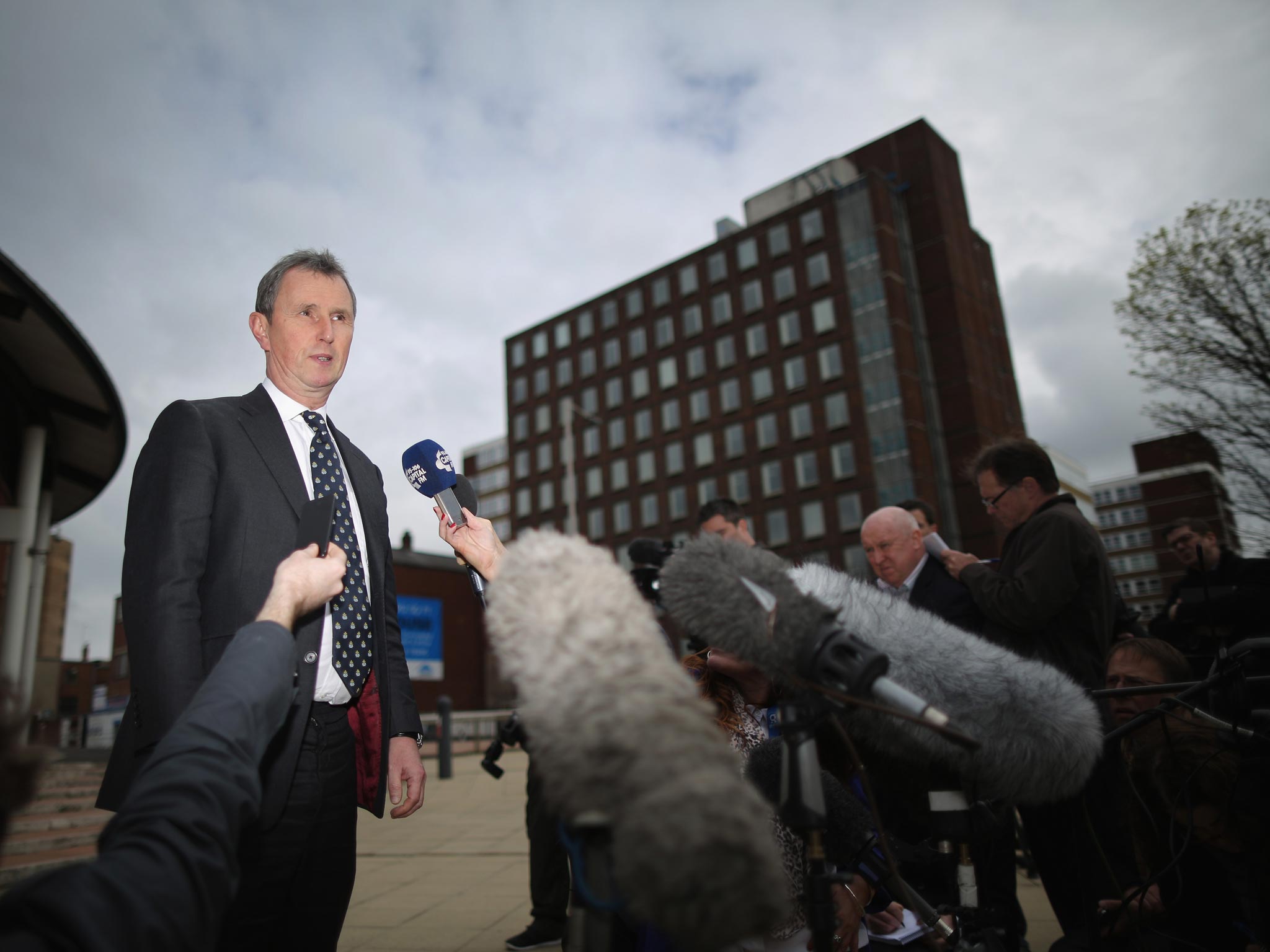 Former deputy speaker of the House of Commons Nigel Evans speaks to the media