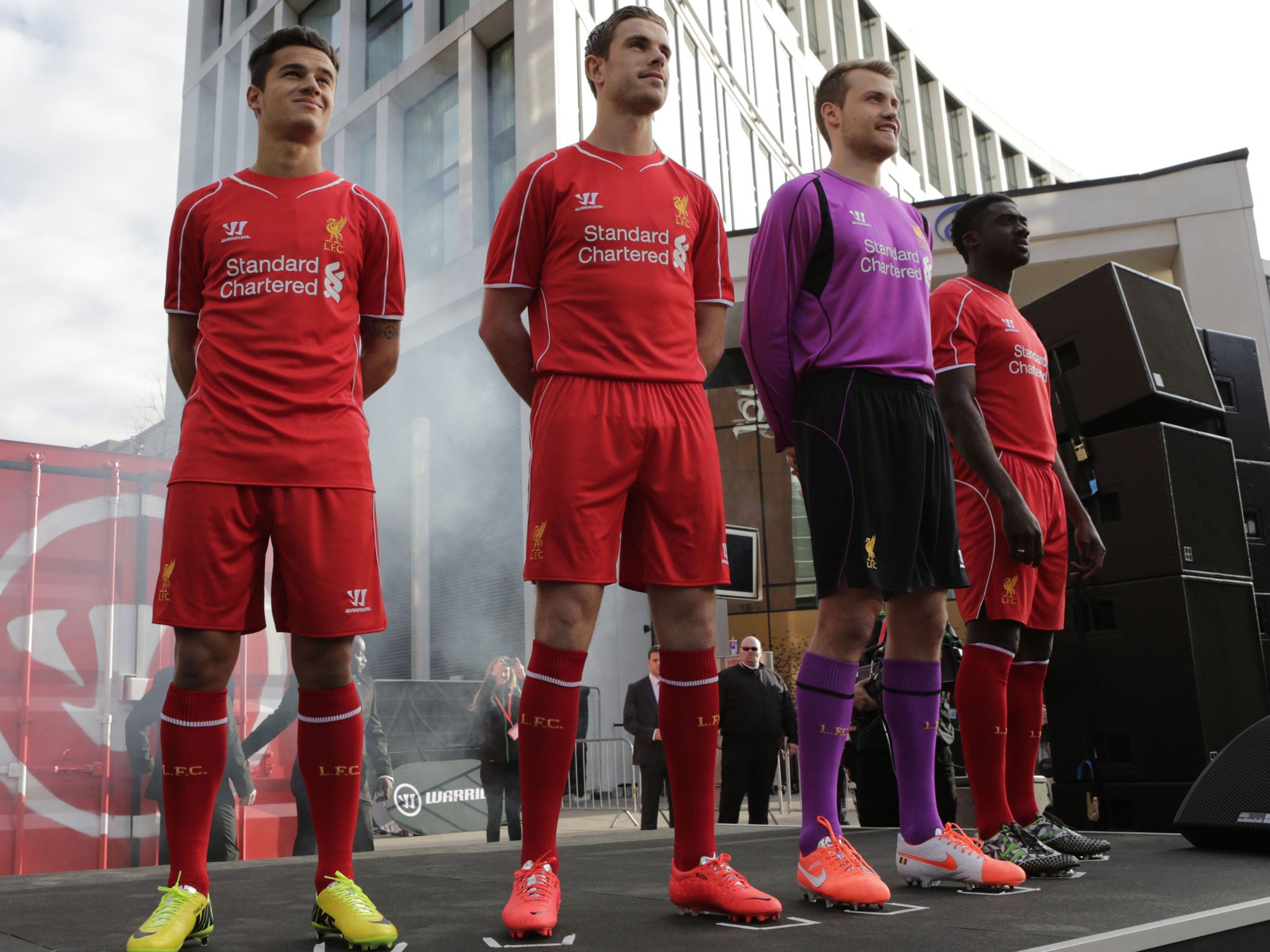 Kolo Toure, Simon Mignolet, Philippe Coutinho and Jordan Henderson revealed the 2014/15 Liverpool FC kit at Liverpool FC and Warrior’s very-first live kit reveal