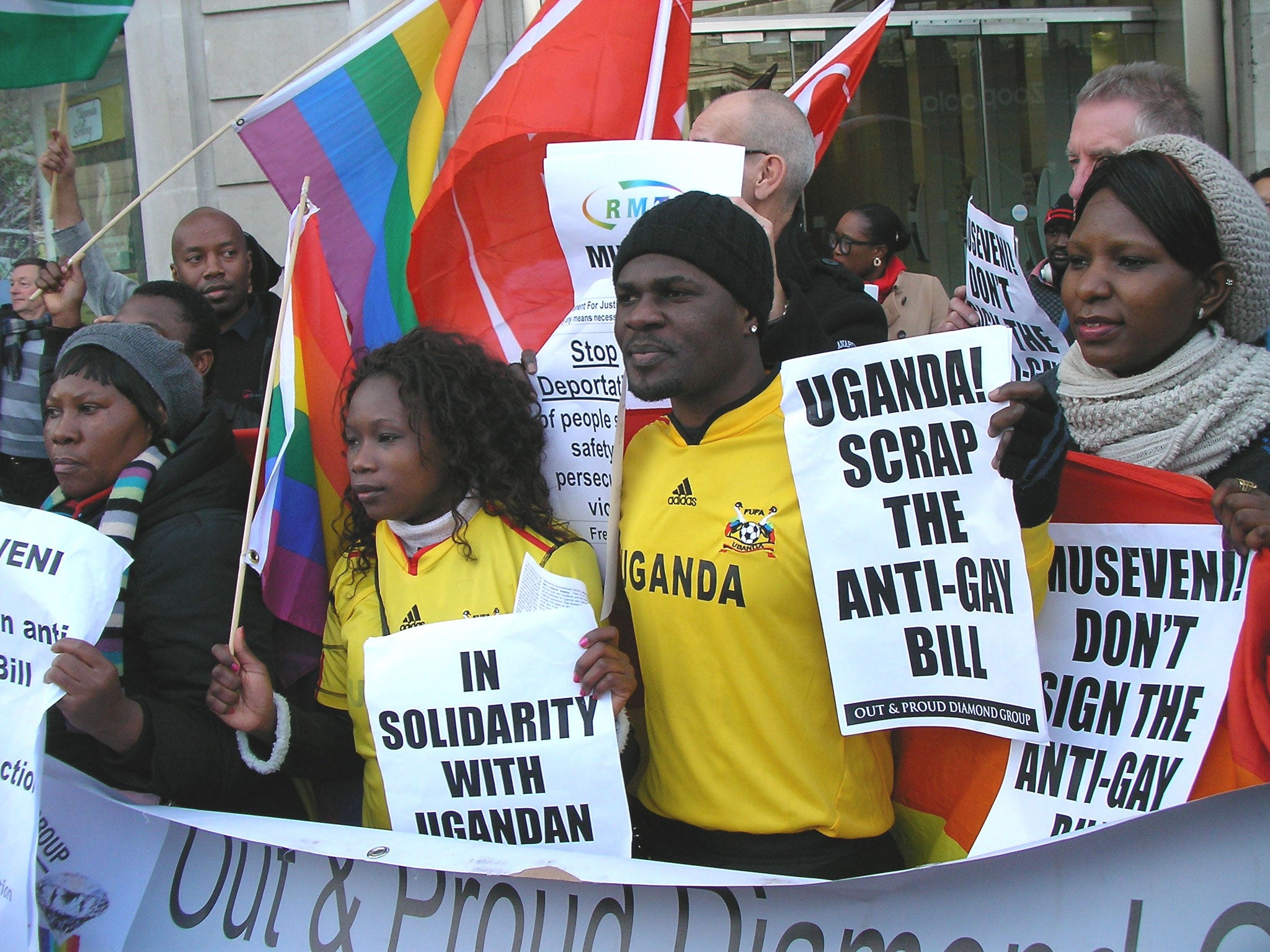 Protesters against Uganda's anti-gay Bill at Uganda High Commission, London on 8 January 2014. MP Alan Duncan has faced criticism for saying that anti-gay laws in Africa and elsewhere are difficult to tackle because they are "primitive cultures."