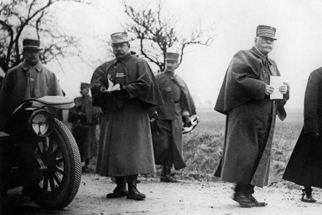 French General Joseph Joffre (second right), Commander- in-Chief of the French Armies, and General Michel Joseph Maunoury (right) on the front during the First Battle of the Marne. Six hundred scarlet taxis were requisitioned, at a cost of Fr70,102, to fe