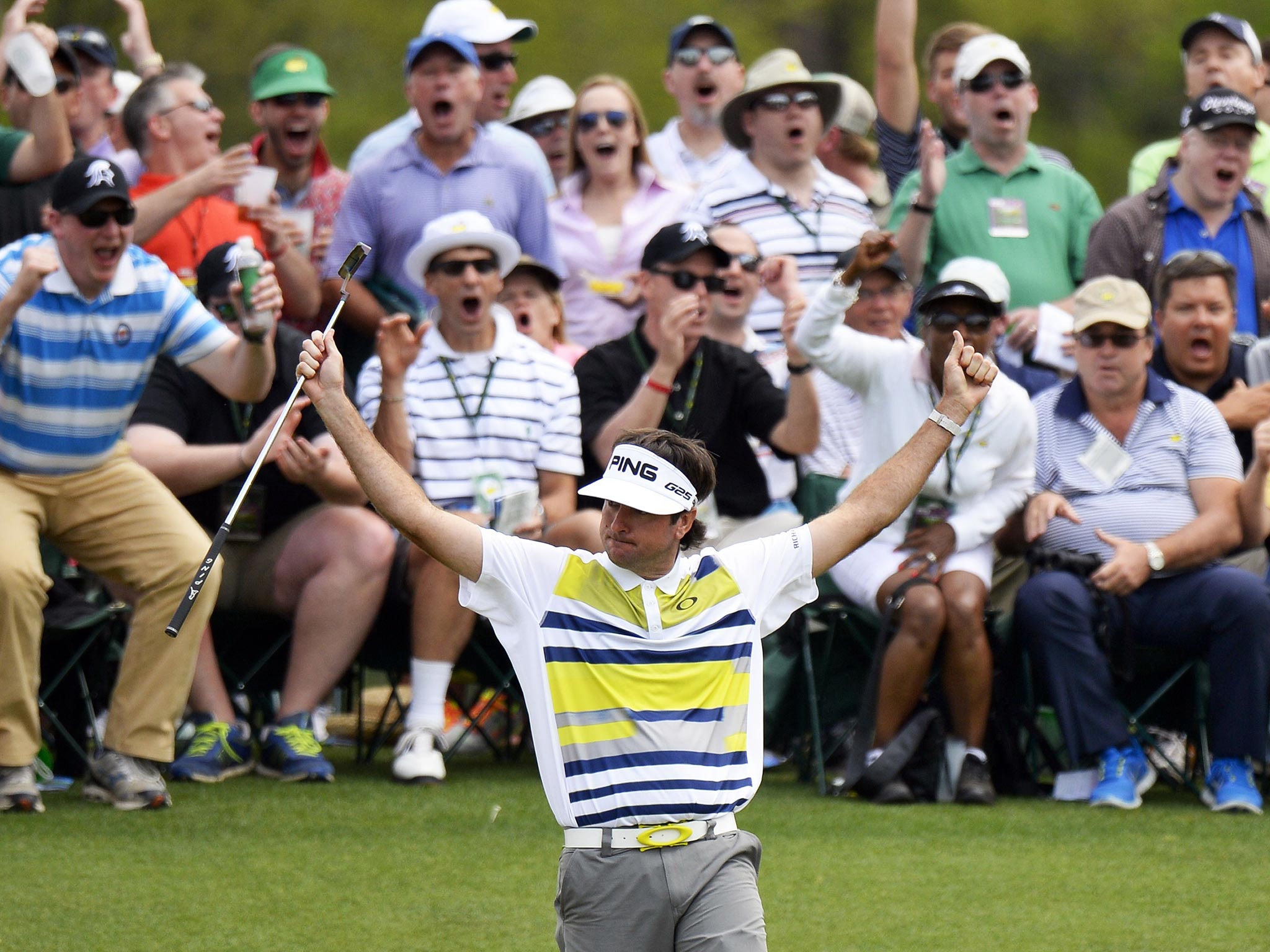 Bubba Watson celebrates after making a birdie on the 14th yesterday