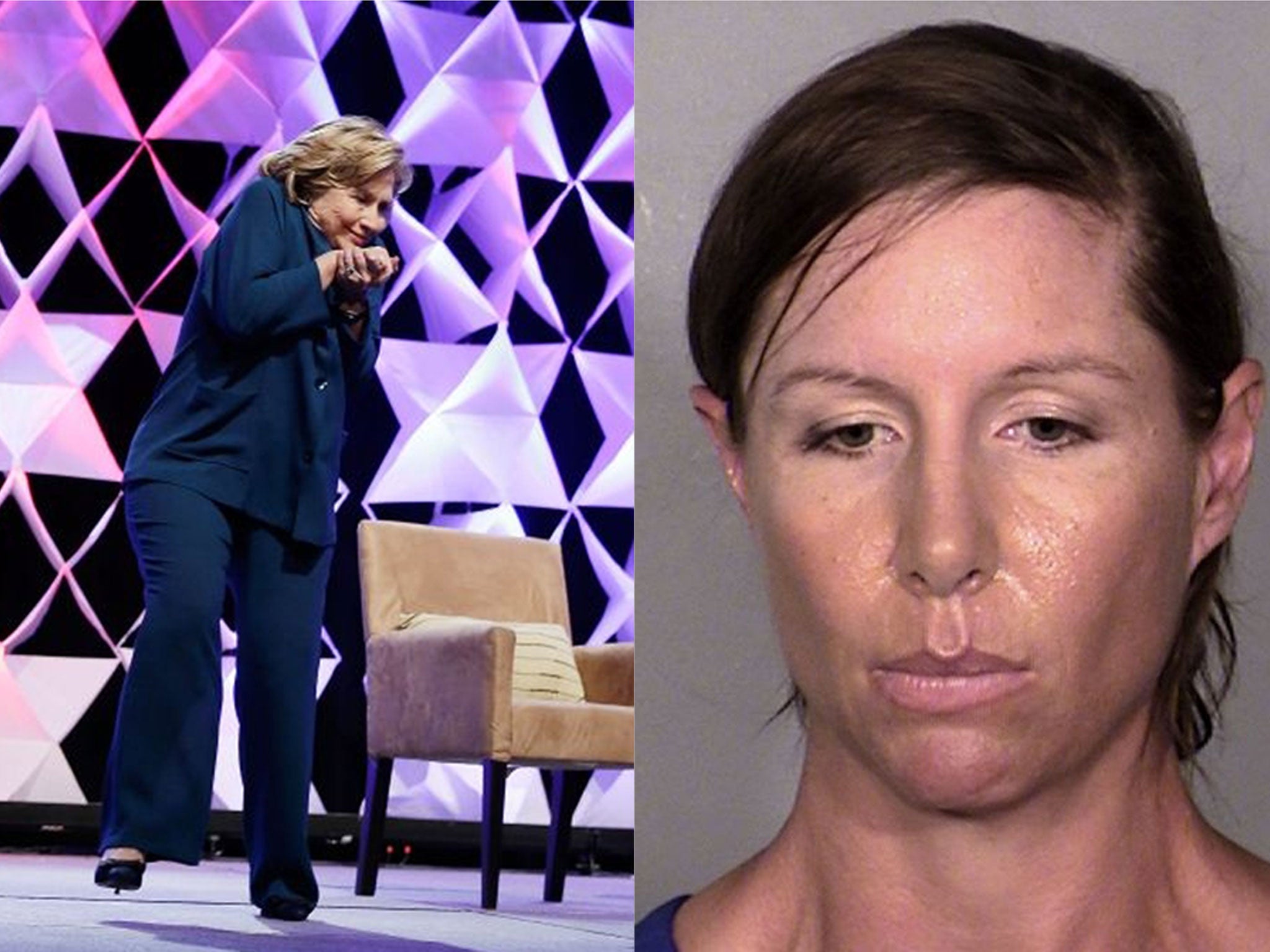Former Secretary of State Hillary Clinton ducks after a woman threw an shoe toward her during a speech on Thursday. This image provided by the Las Vegas Metropolitan Police Department shows Alison Ernst, who was arrested 10 April.