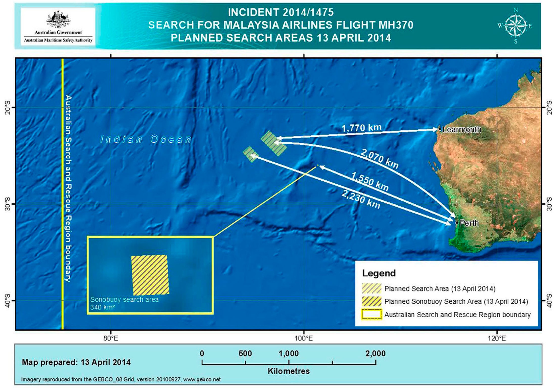 Australian Maritime Safety Authority image showing the current planned search area in the Indian Ocean for the flight MH370 on 13 April 2014