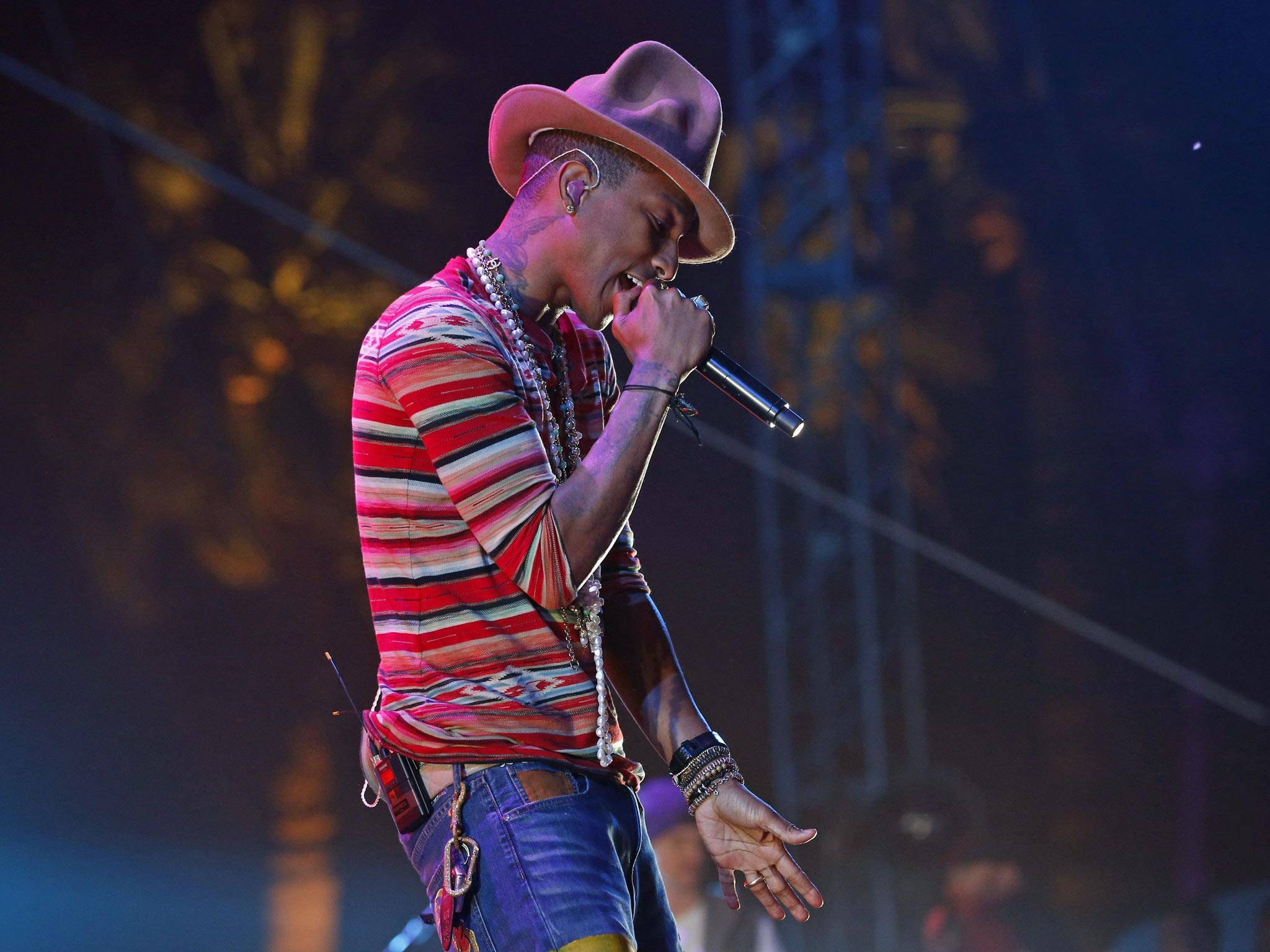 Pharrell Williams performing his set at day 2 of the Coachella Festival