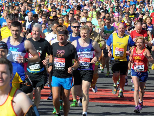 Runners at the start of the Virgin Money London Marathon, London