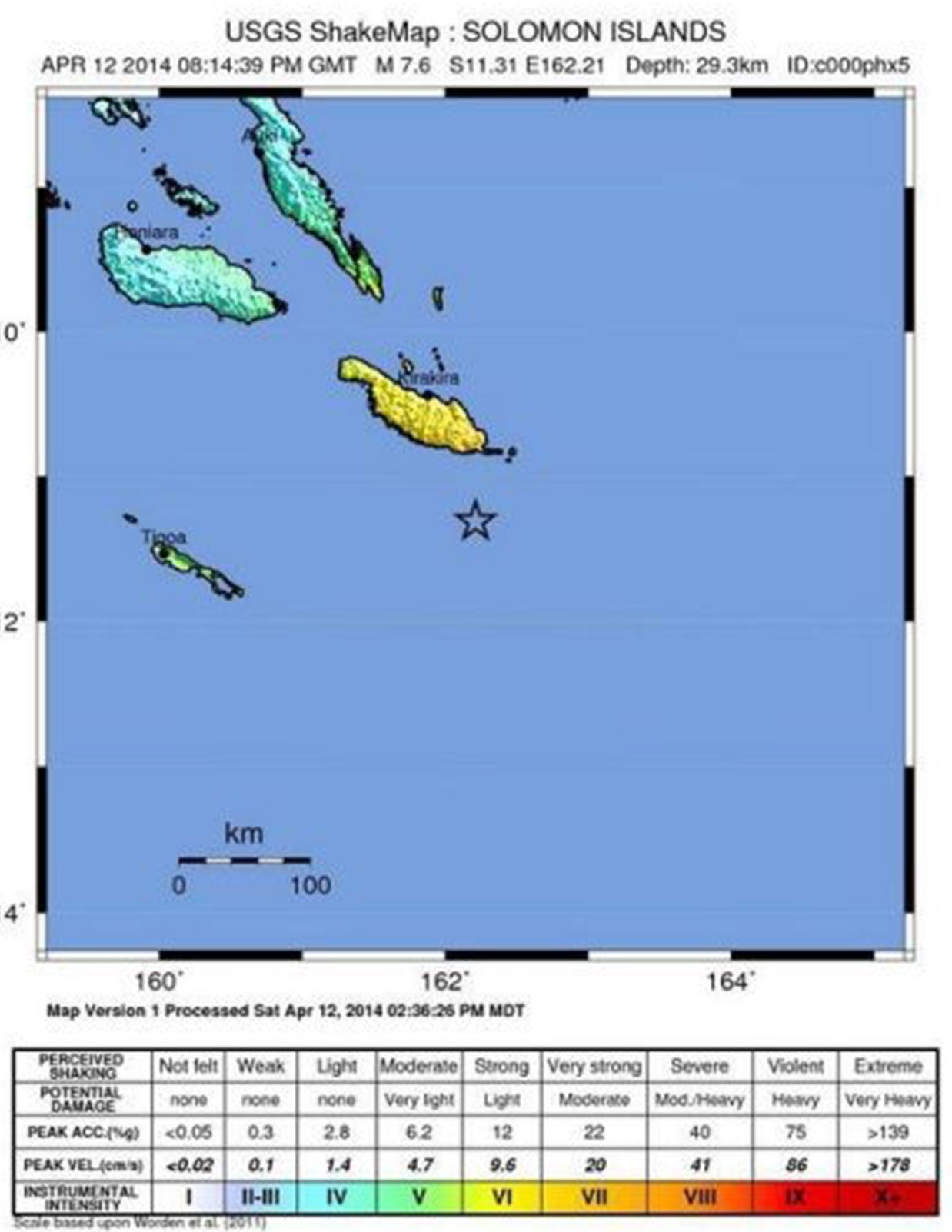 A shakemap showing the location and intensity of an earthquake near the coast of the Solomon Islands