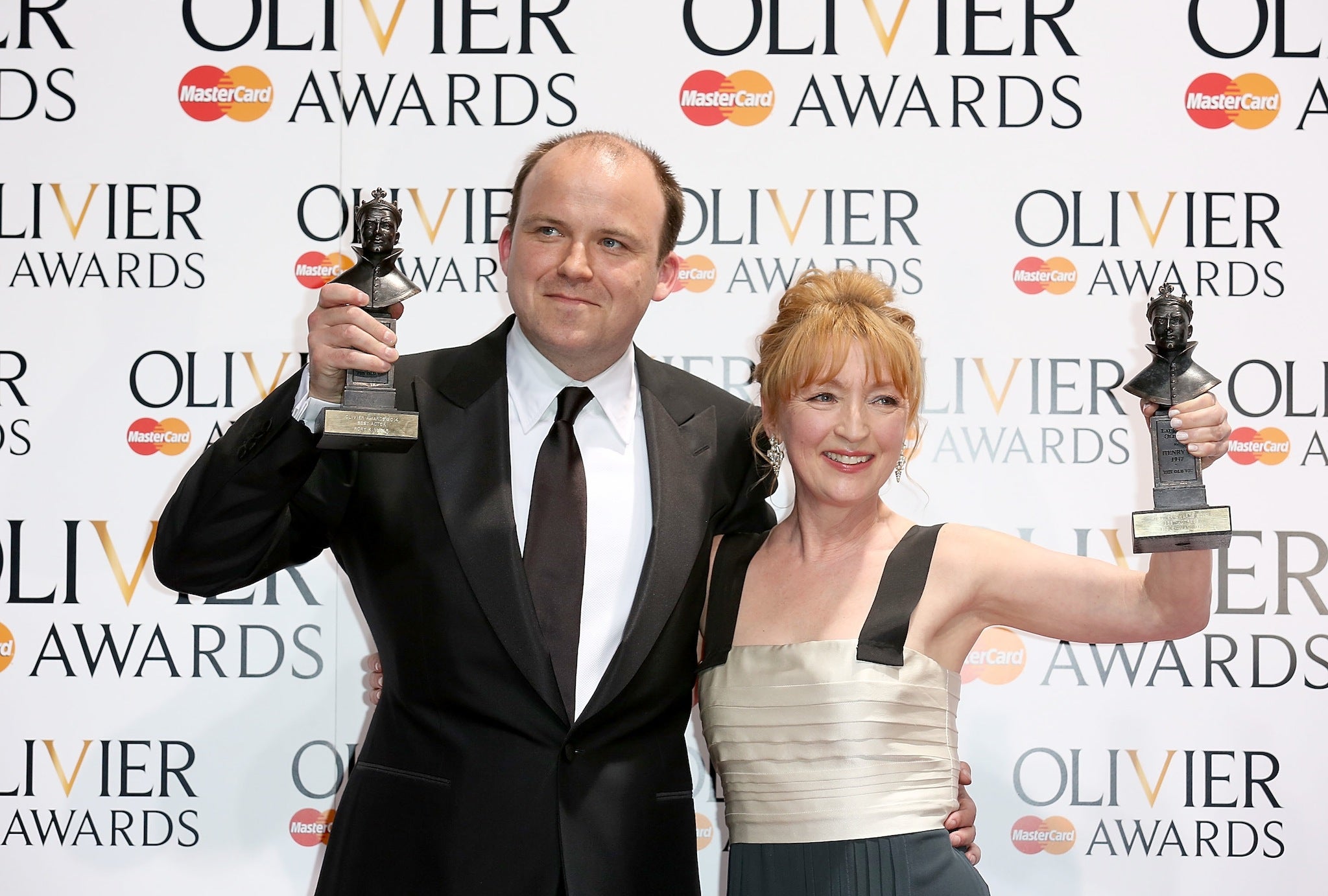 Rory Kinnear and Lesley Manville celebrate winning Best Actor and Best Actress at the Olivier Awards 2014