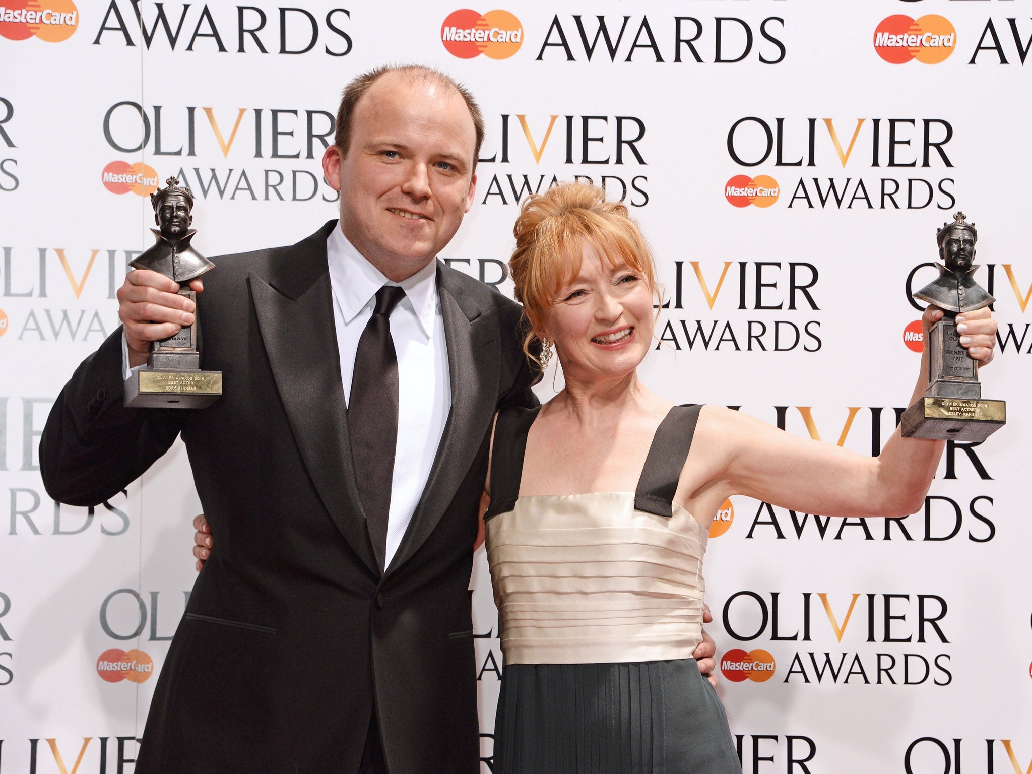 Rory Kinnear, left, winner of Best Actor for 'Othello', and Lesley Manville, winner of Best Actress for 'Ghosts'