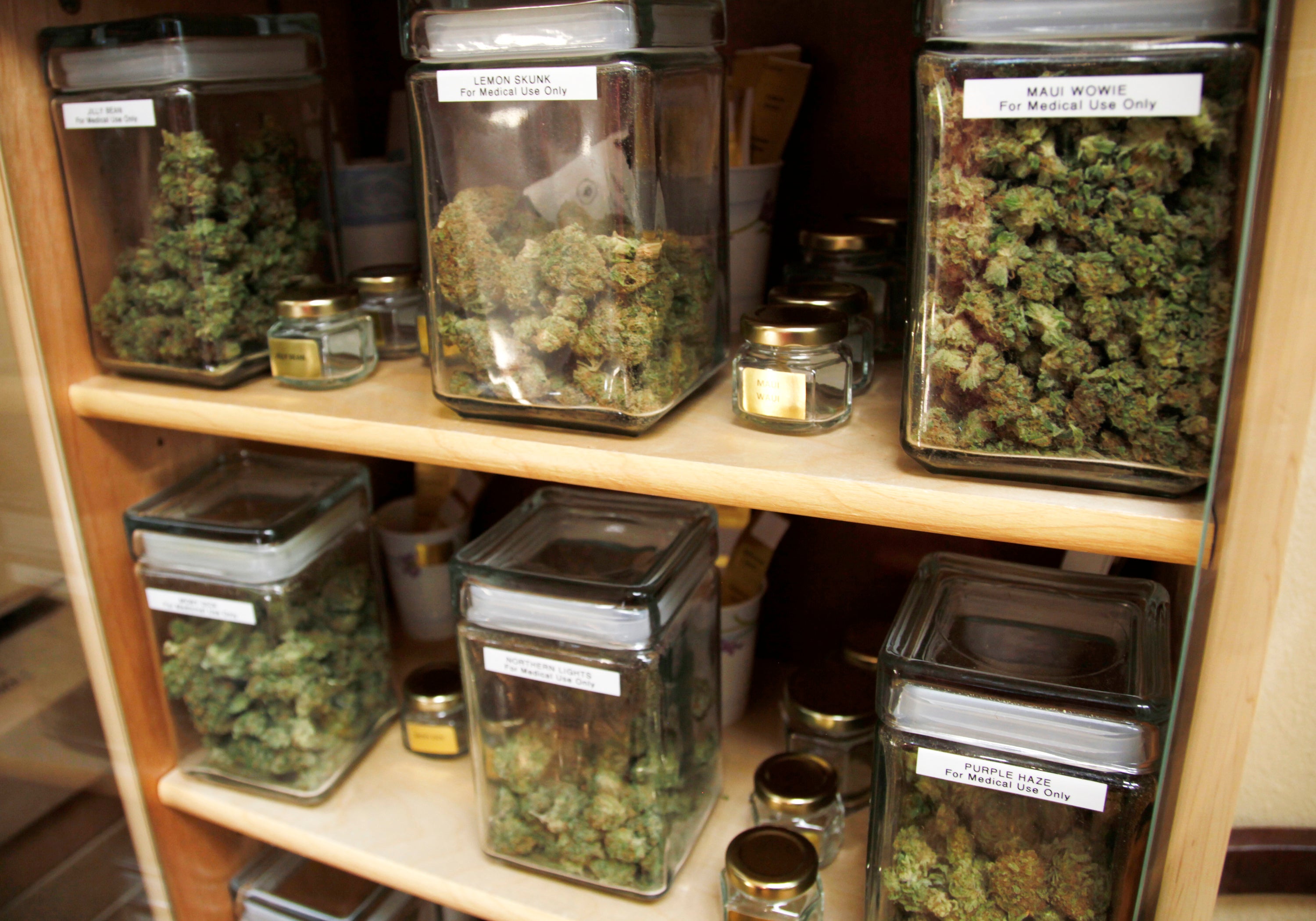 A variety of medical marijuana strains are seen at marijuana dispensary Alpine Herbal Wellness in Denver.