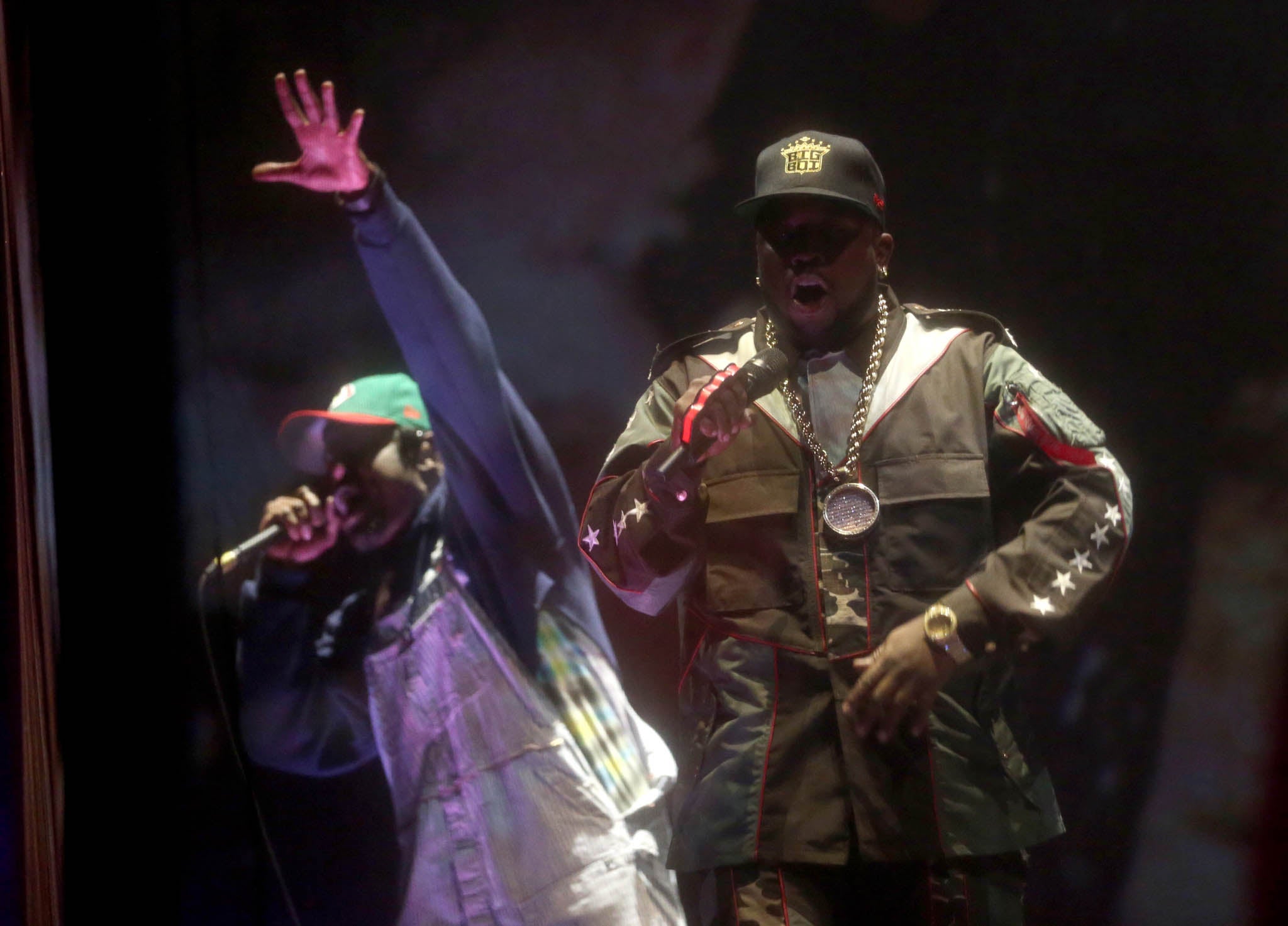 Rappers Andre 3000 (L) and Big Boi of OutKast perform onstage during day 1 of Coachella 2014