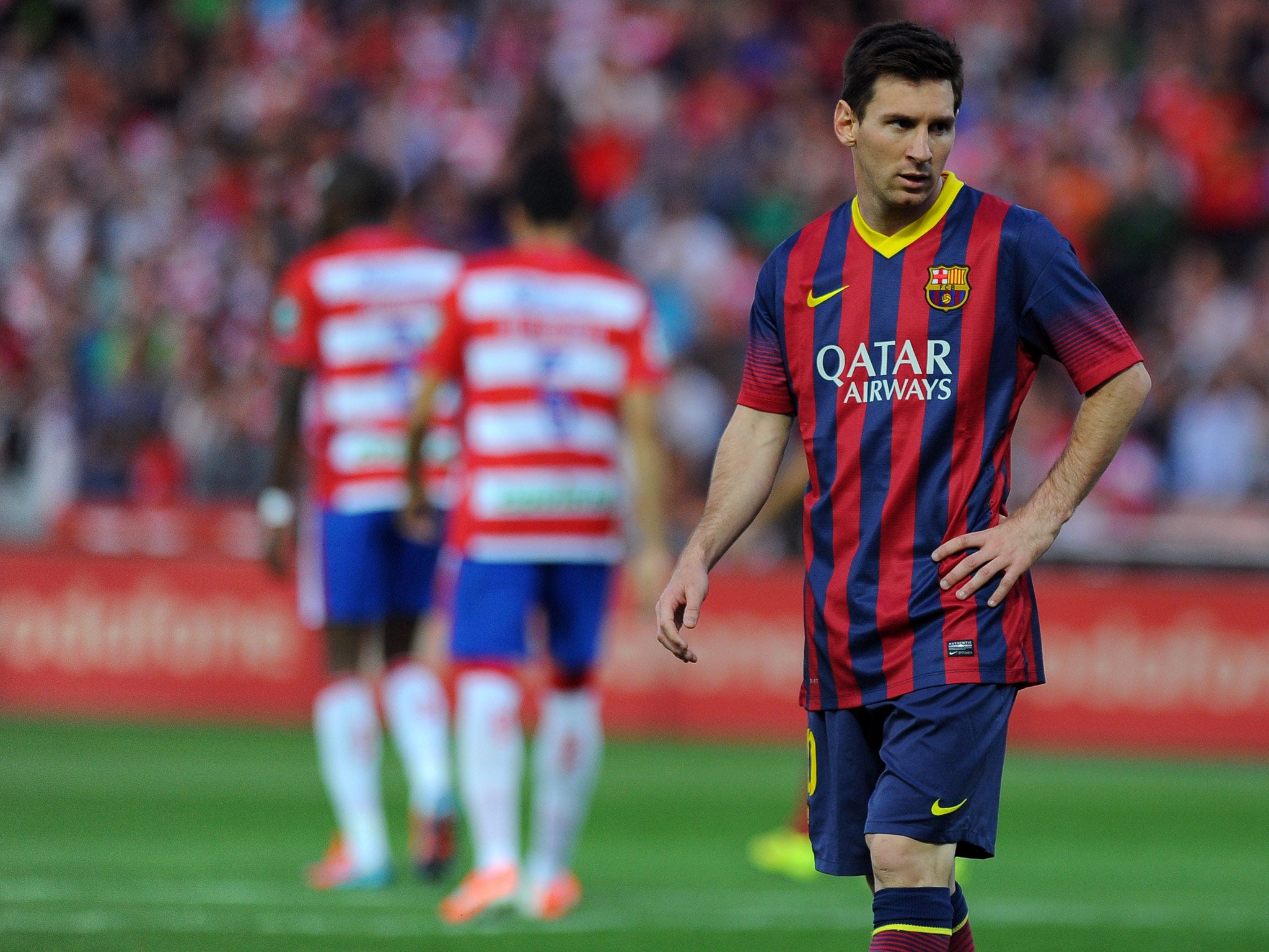 Barcelona forward Lionel Messi reacts during the La Liga defeat to Granada