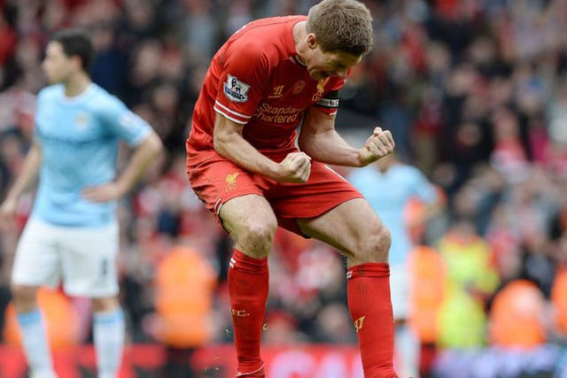 Steven Gerrard can't contain his emotions after Liverpool's 3-2 victory over Manchester City on Sunday