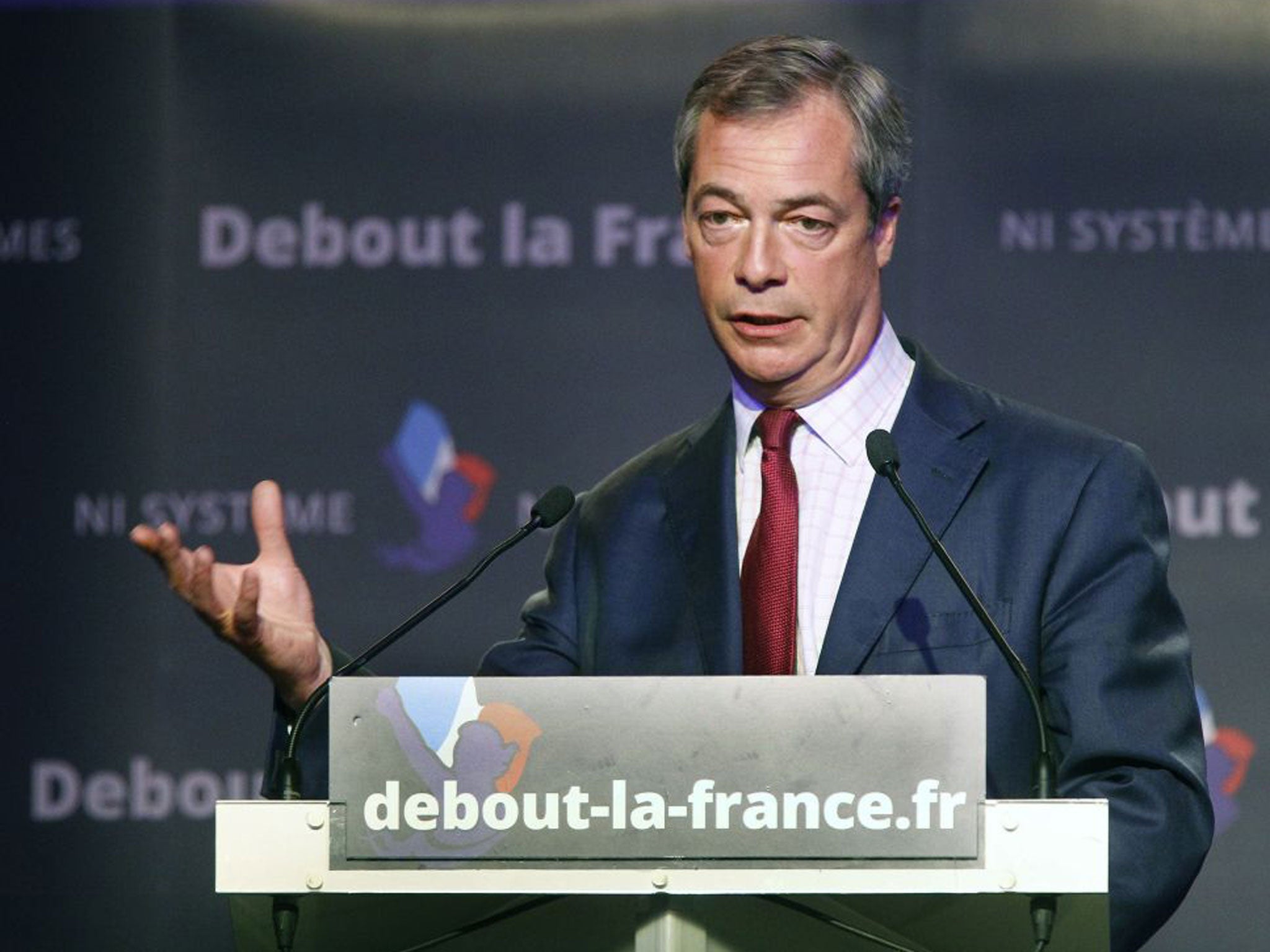 Nigel Farage delivering his speech during a political meeting with French conservative party Debout La Republique in Paris.