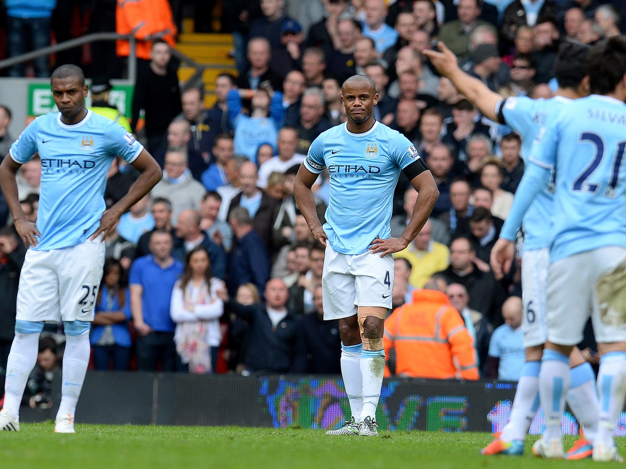Vincent Kompany looks on after Liverpool score the winning goal in the 3-2 Premier League fixture