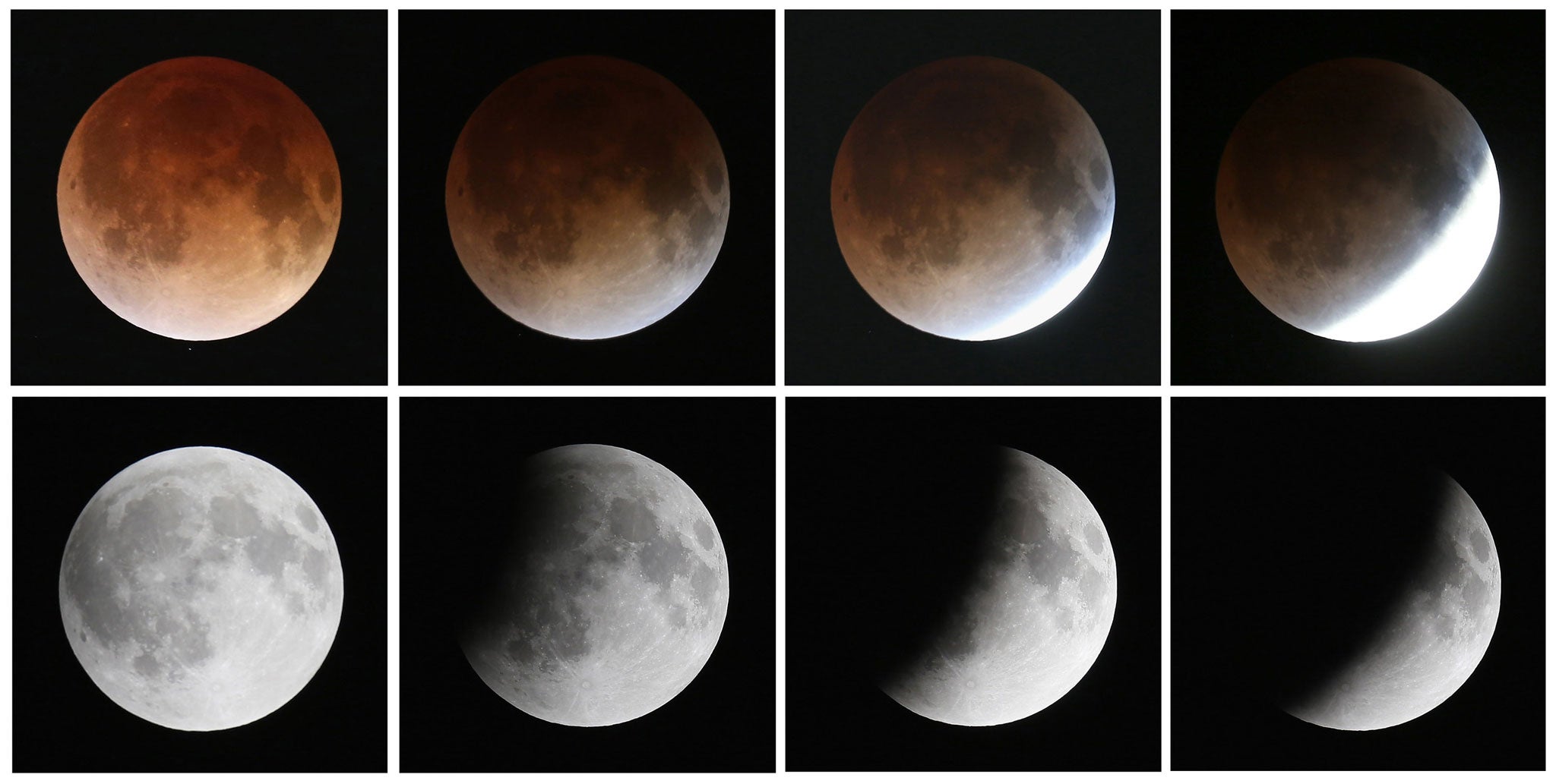 A sequence, from bottom left to top left, of the moon's transition during a total lunar eclipse in Miami, Florida
