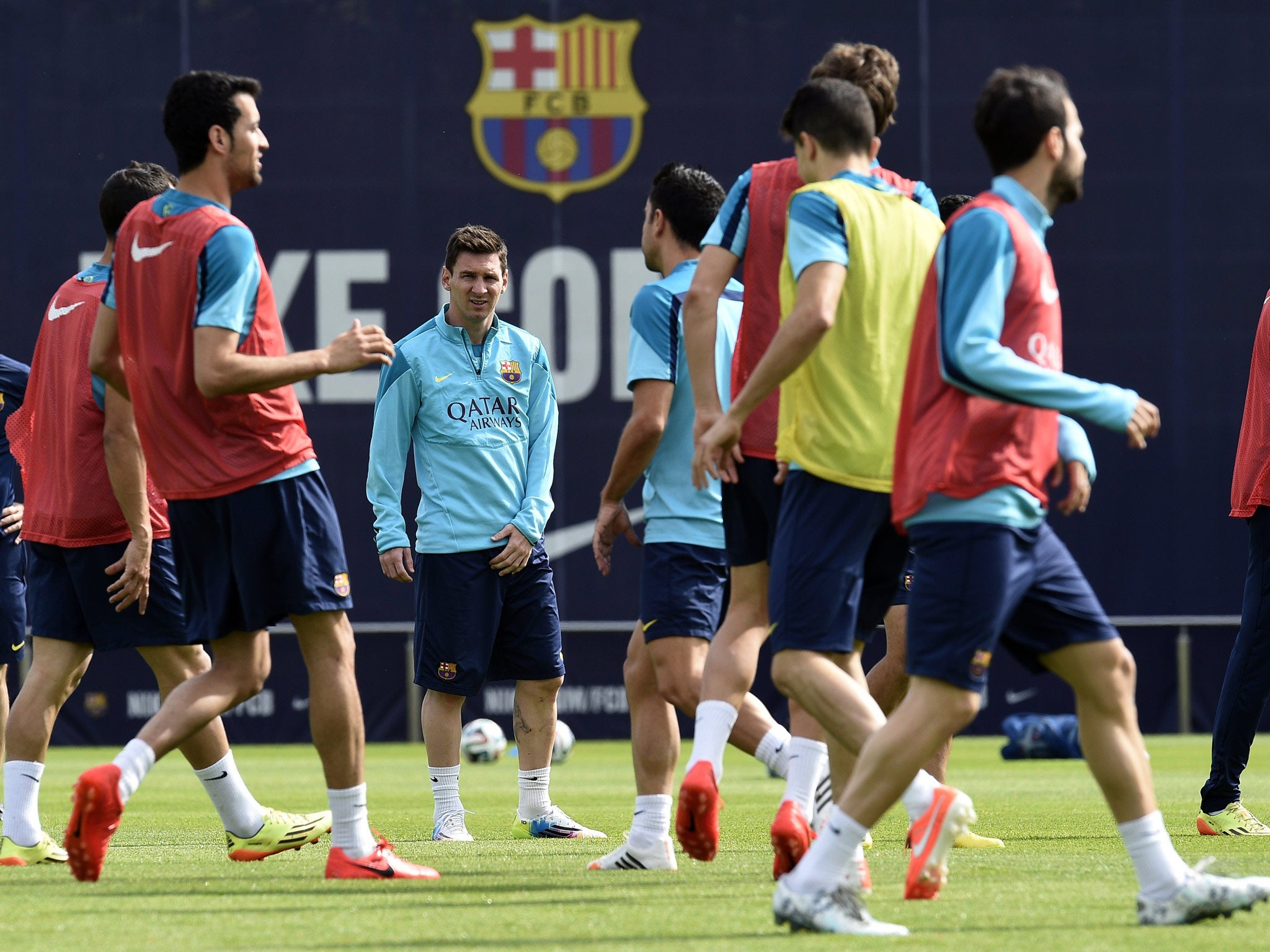 Messi trains with his Barcelona team-mates before the Copa del Rey final