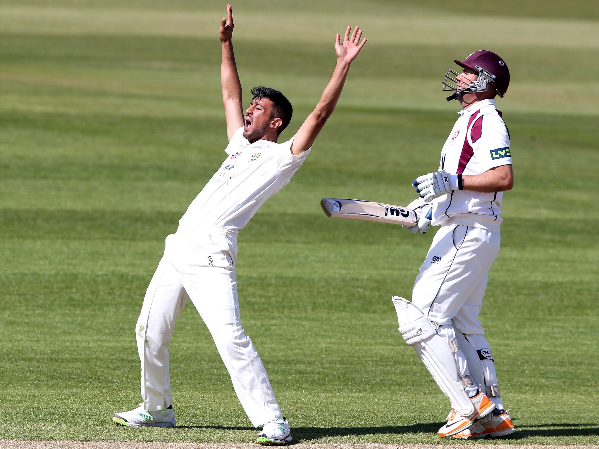 Durham bowler Usman Arshad celebrates trapping Andrew Hall lbw in his team’s match against Northamptonshire