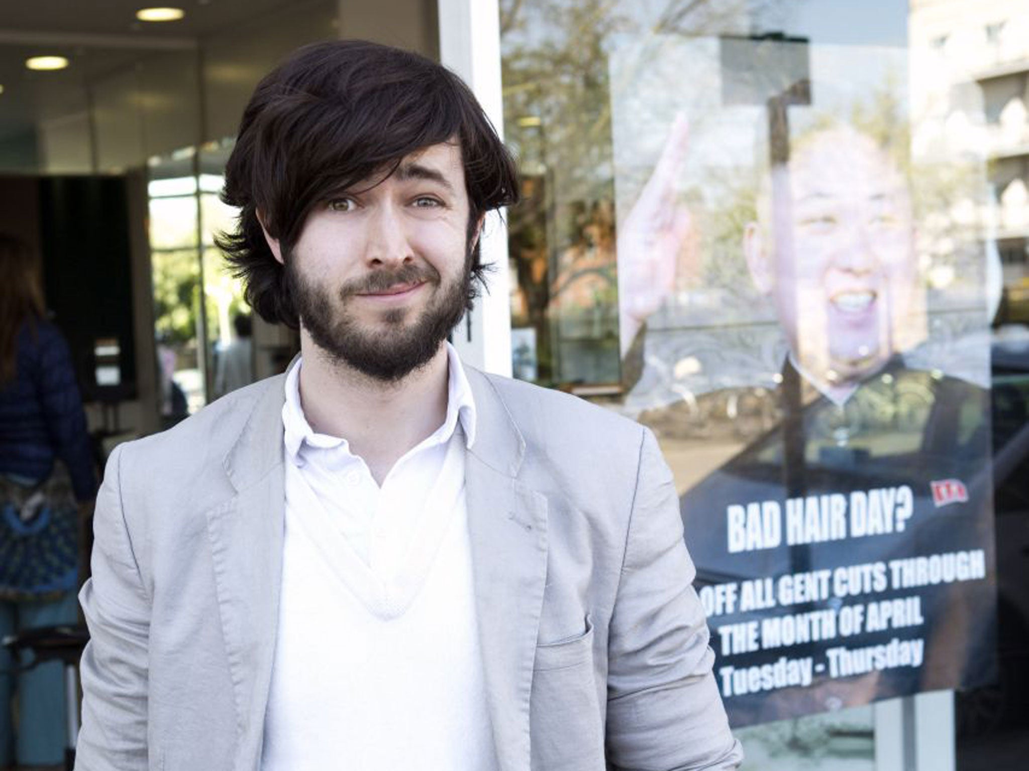 From long to Jong: Guy Pewsey outside Mo Nabbach’s M&M Hair Academy in west London before the haircut