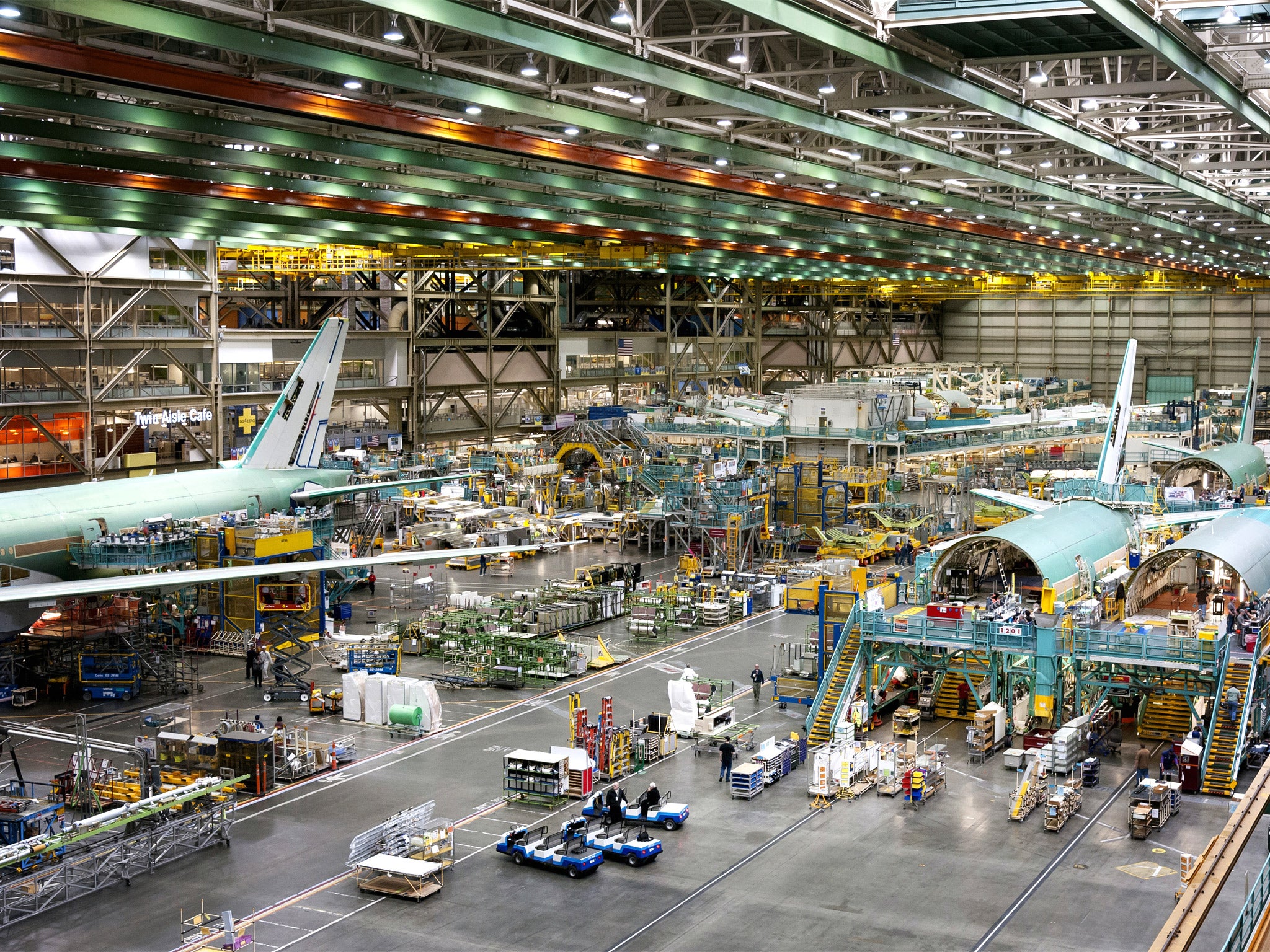 The Everett factory, where Boeing’s planes are assembled, is so vast that rainclouds have appeared near the ceiling