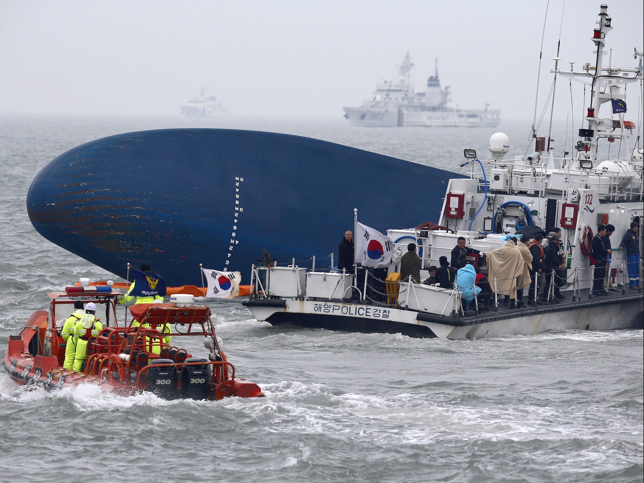 A view of the rescue operation underway after the ferry Sewol sank in waters off Jindo Island in the southwestern province of South Jeolla