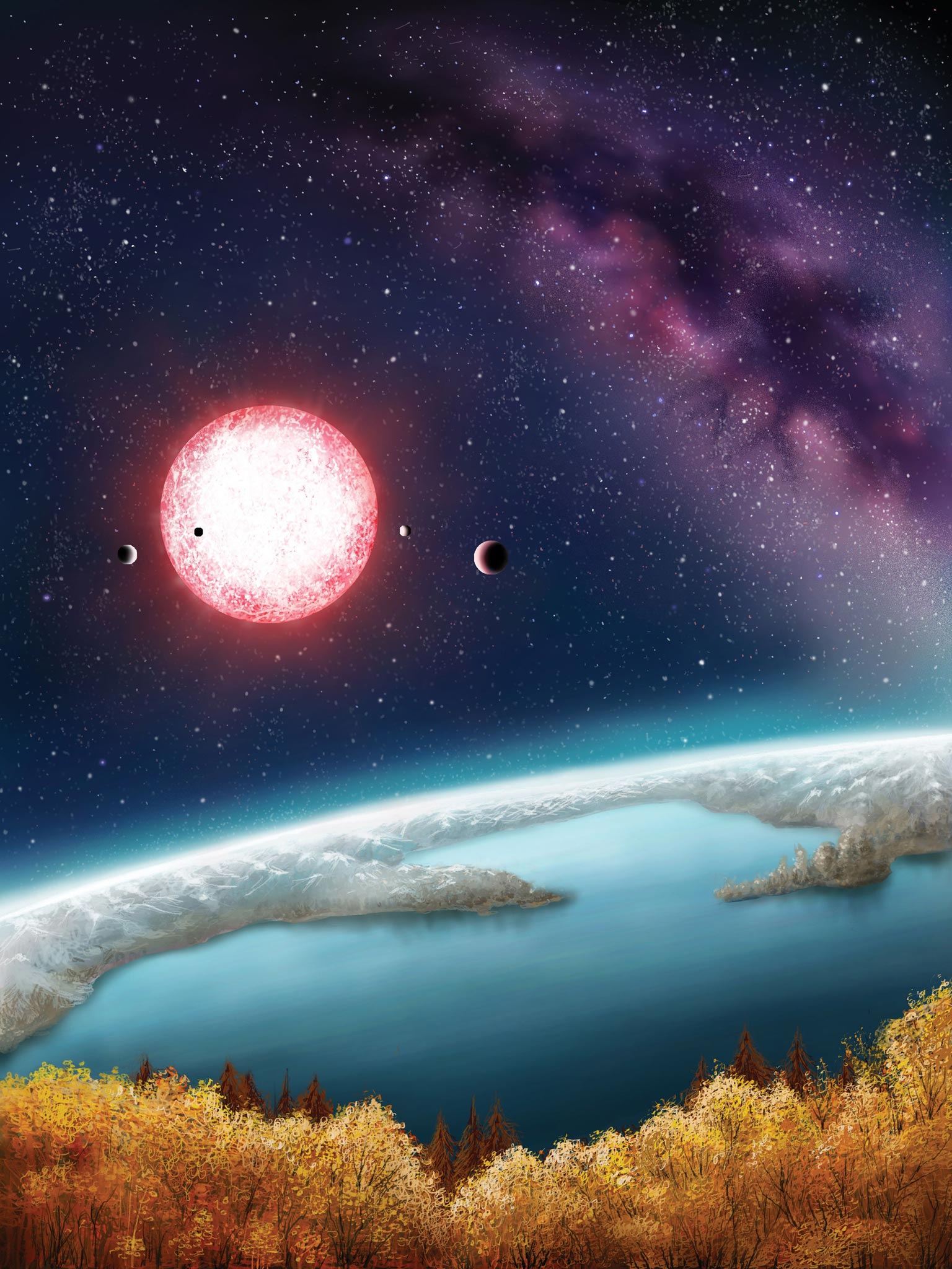 An artist's depiction of Earth-like Kepler-186f with its parent star in the distance