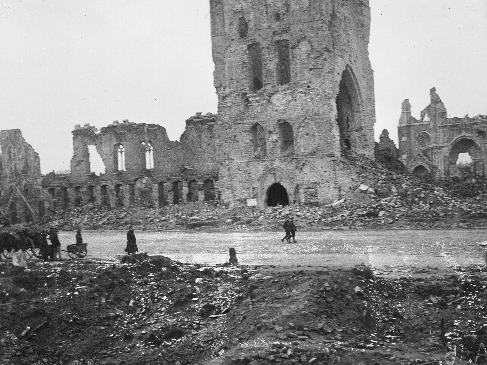 The ruins of the cloth hall and cathedral in Ypres during WWI