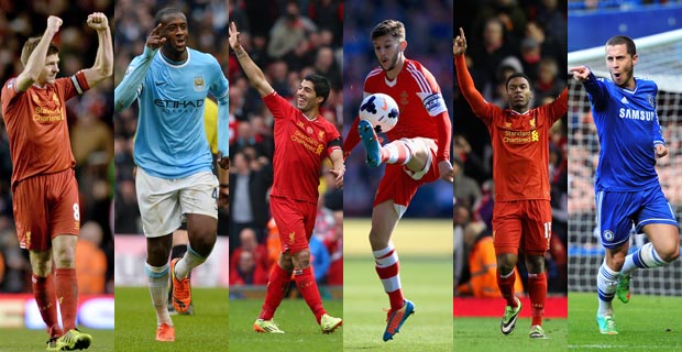 PFA Player of the Year nominees: Steven Gerrard, Yaya Toure, Luis Suarez, Adam Lallana, Daniel Sturridge and Eden Hazard