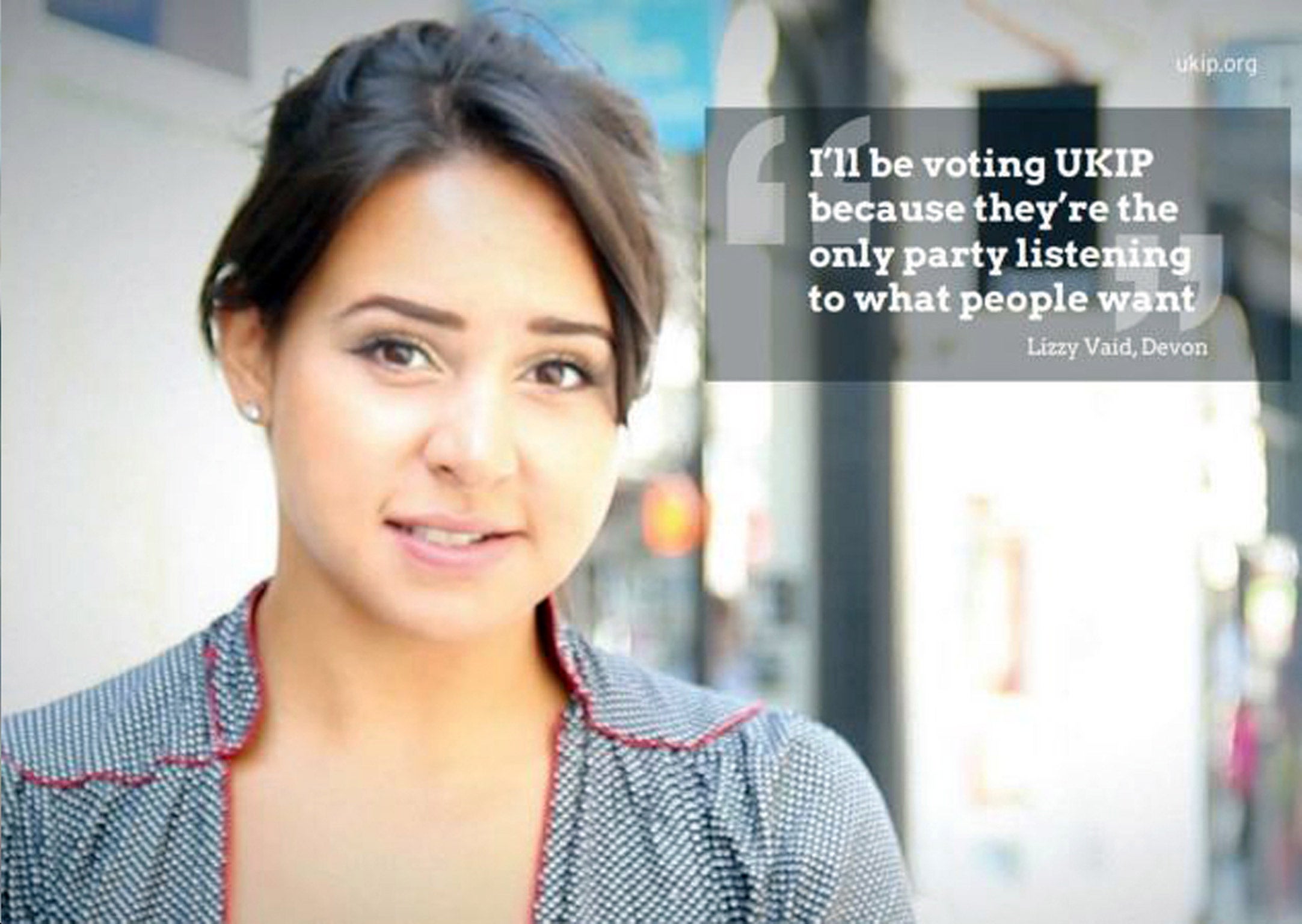 Lizzy Vaid poses as a voter from Devon on the poster