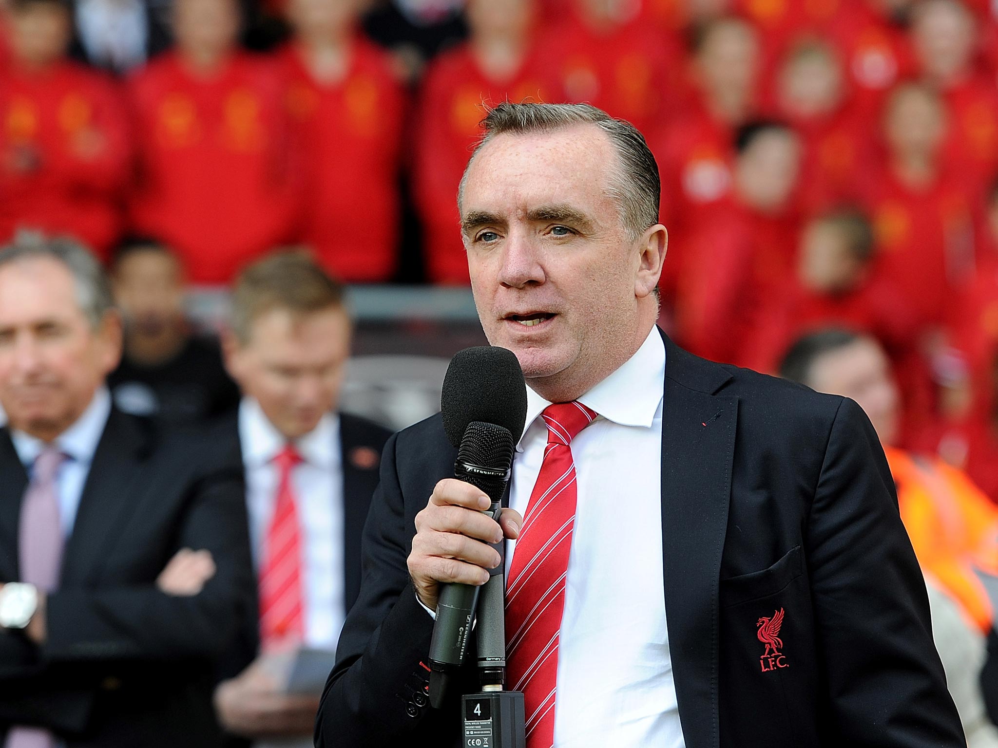 Liverpool's managing director Ian Ayre speaks at the Hillsborough memorial service at Anfield