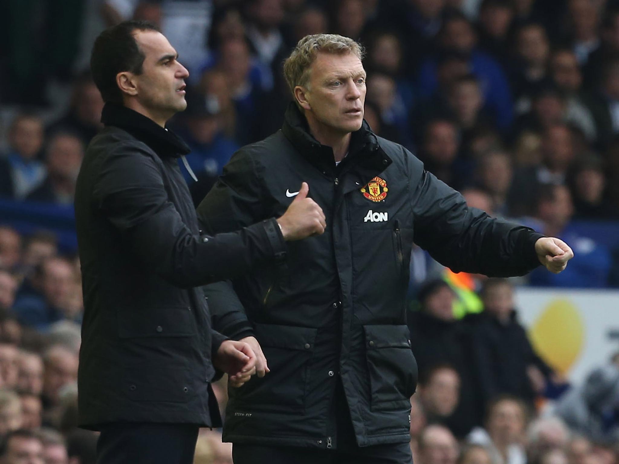 Roberto Martinez and David Moyes on the sidelines during Everton's 2-0 win over Manchester United