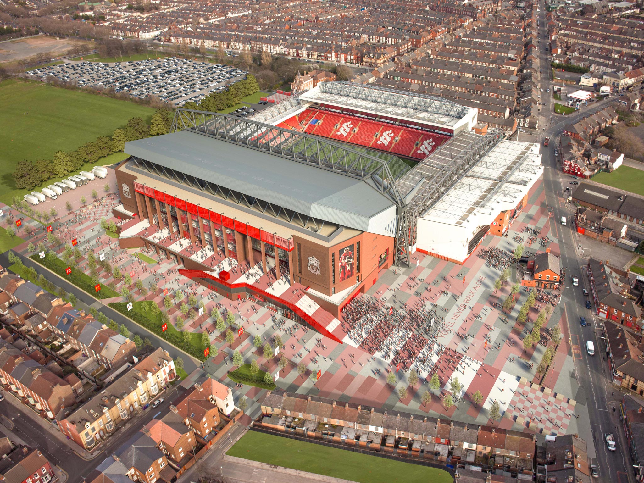 An overhead view of the proposed redeveloped Anfield and the wider public concourse area that will link the stadium to the Anfield area